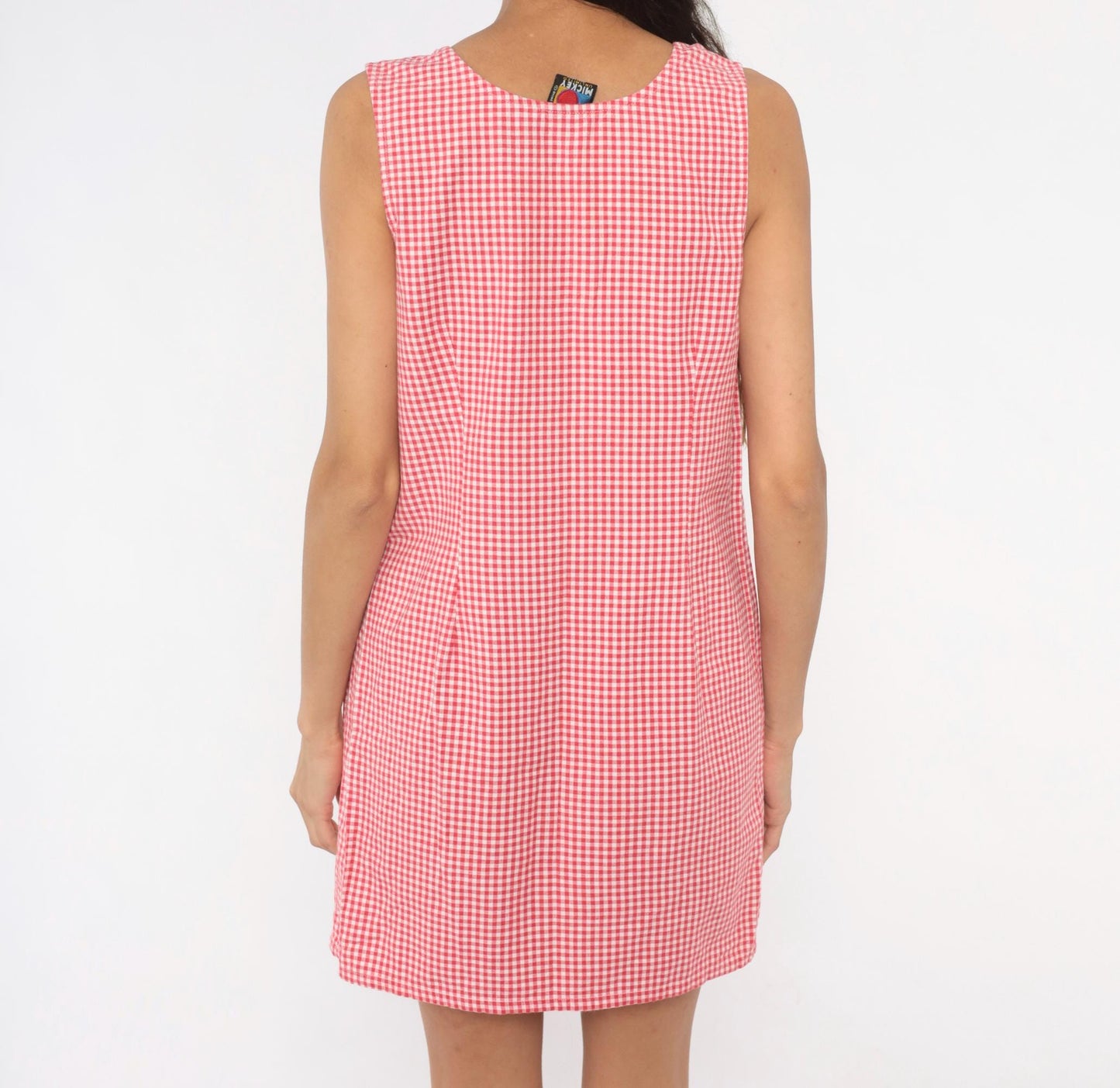 90s Mickey Mouse Pink Gingham Mini Dress Embroidered Cotton Sleeveless Medium