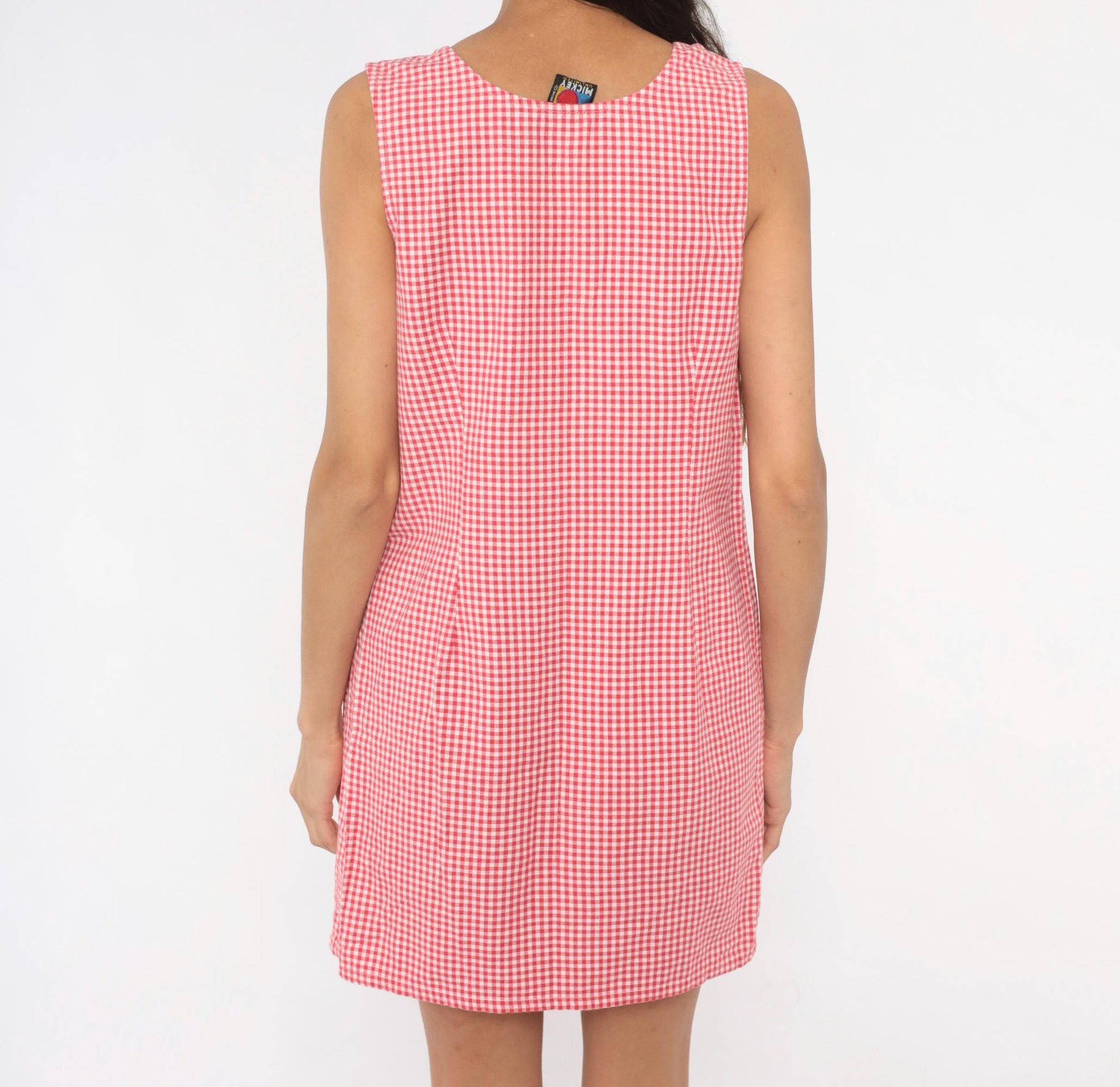 90s Mickey Mouse Pink Gingham Mini Dress Embroidered Cotton Sleeveless Medium