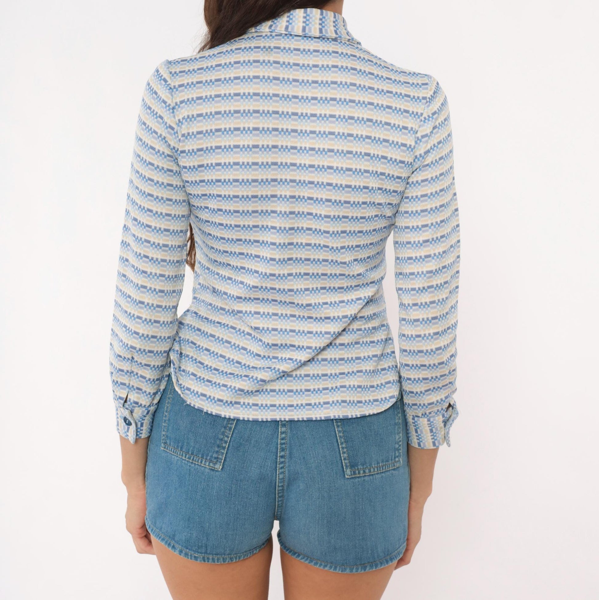 70s Geometric Stripe Button Blouse Blue Tan Pointed Collar Three Quarter Sleeve Extra Small
