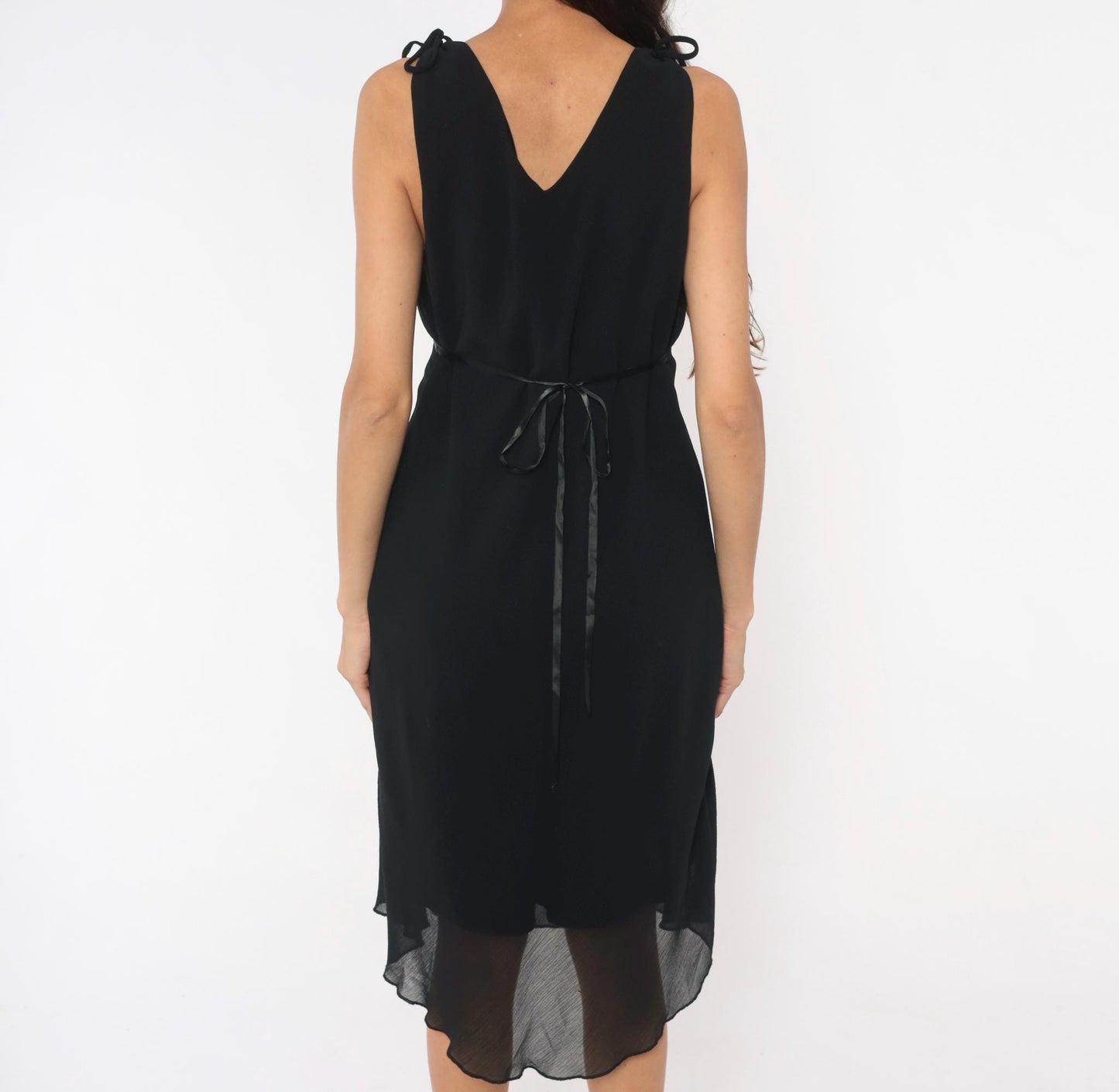90s Michael Taylor Black Chiffon Wrap Dress Tie Shoulder V Neck Large L