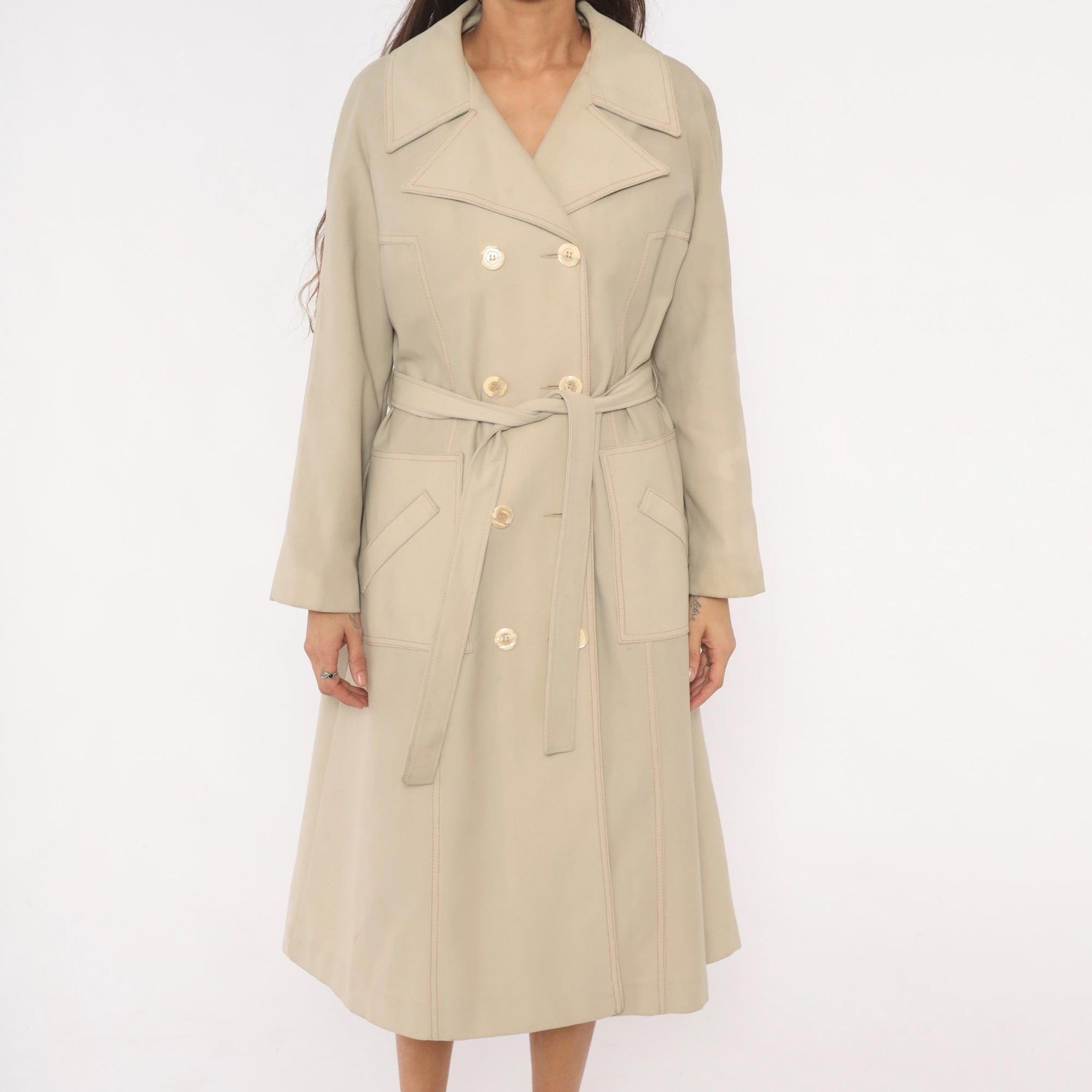 80s Double Breasted Trench Coat Beige Mid-Calf Belted Jacket Medium
