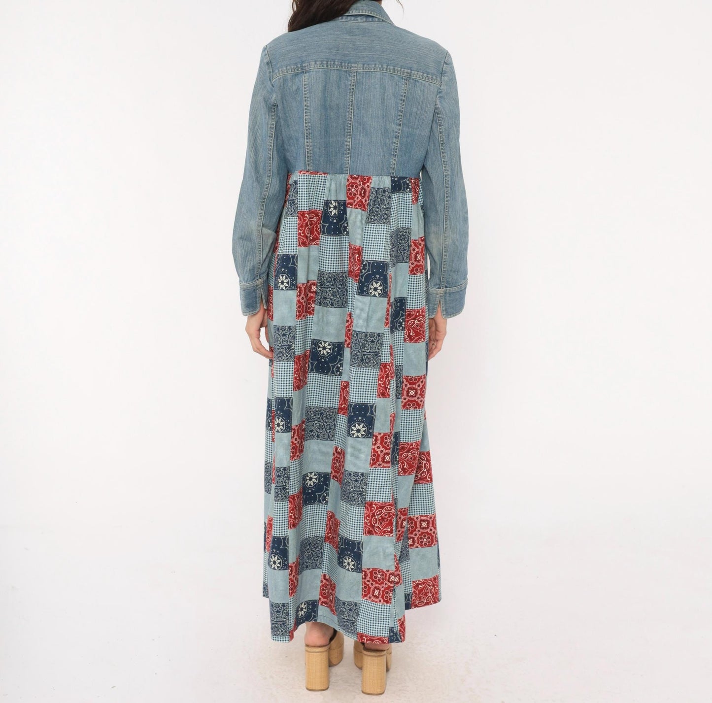 00s Valerie Stevens Patchwork Denim Maxi Dress Bandana Gingham Red Navy Medium