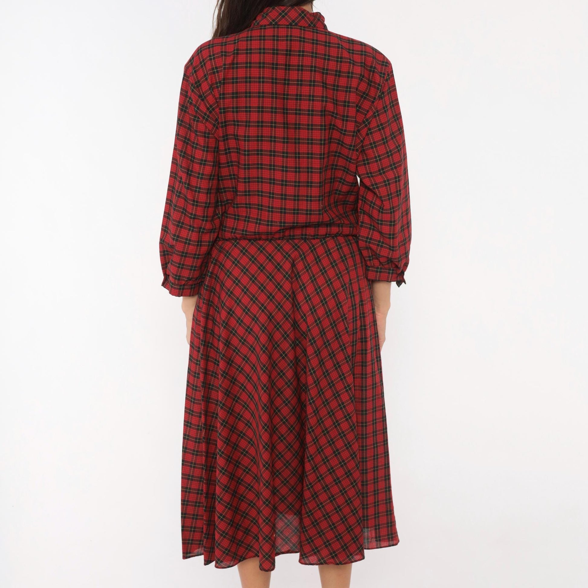 80s Alison Peters Plaid Shirtdress Red Black Tartan Midi Pleated Cotton Medium Large