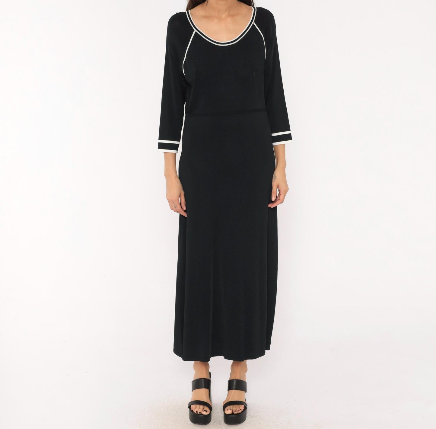 90s Norm Thompson Black Knit Maxi Dress Scoop Neck White Piping Small