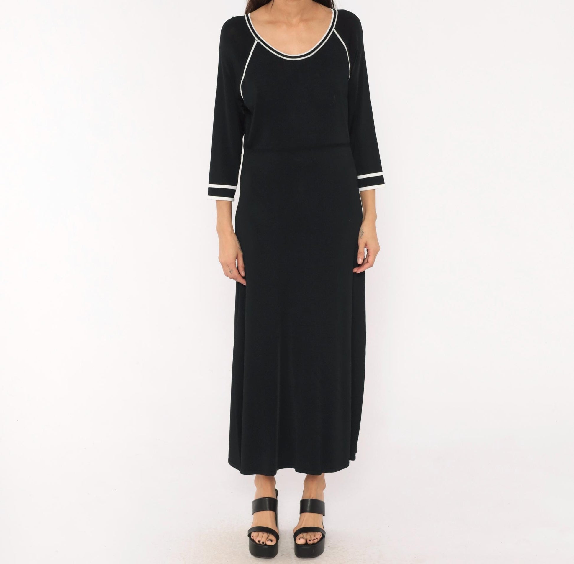 90s Norm Thompson Black Knit Maxi Dress Scoop Neck White Piping Small