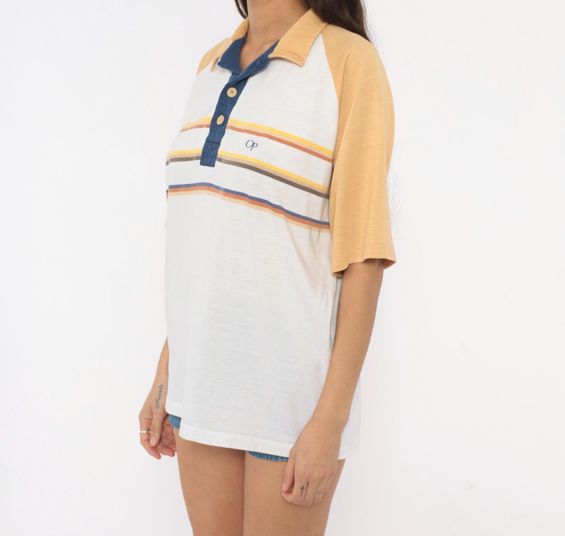 80s Ocean Pacific Polo Striped Raglan White Navy Cotton Shirt Extra Large XL