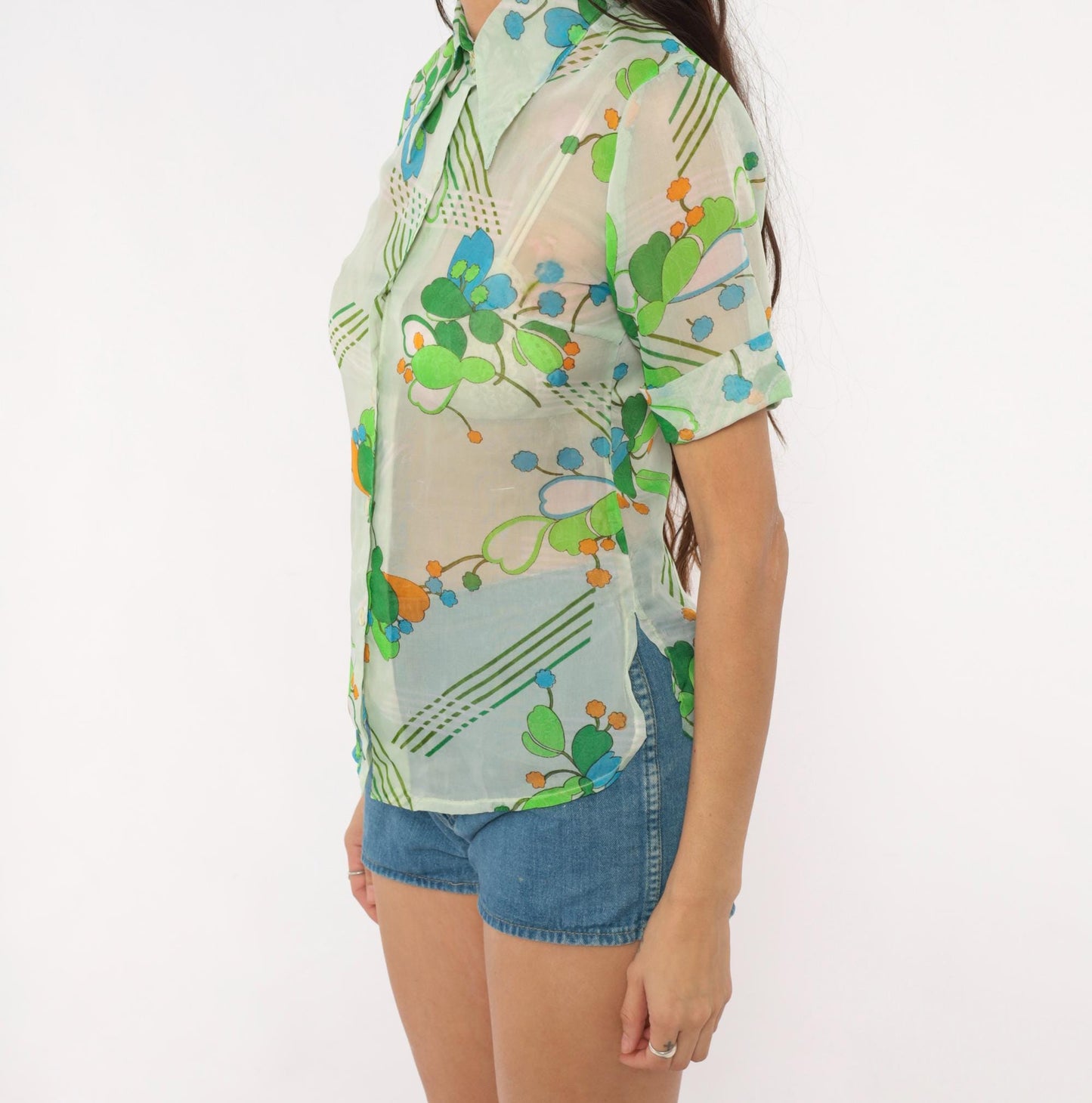 70s Nobel Floral Button-Up Blouse Mint Green Blue Orange Pointed Collar Small