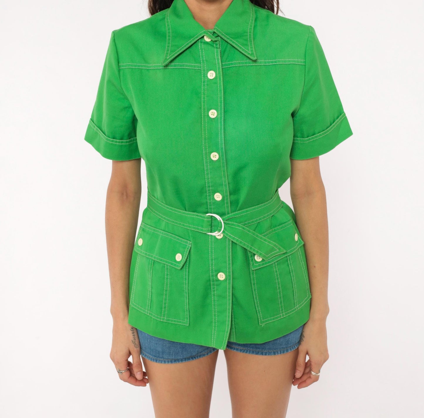 70s Bronson of California Safari Blouse Green Cotton Pointed Collar Small