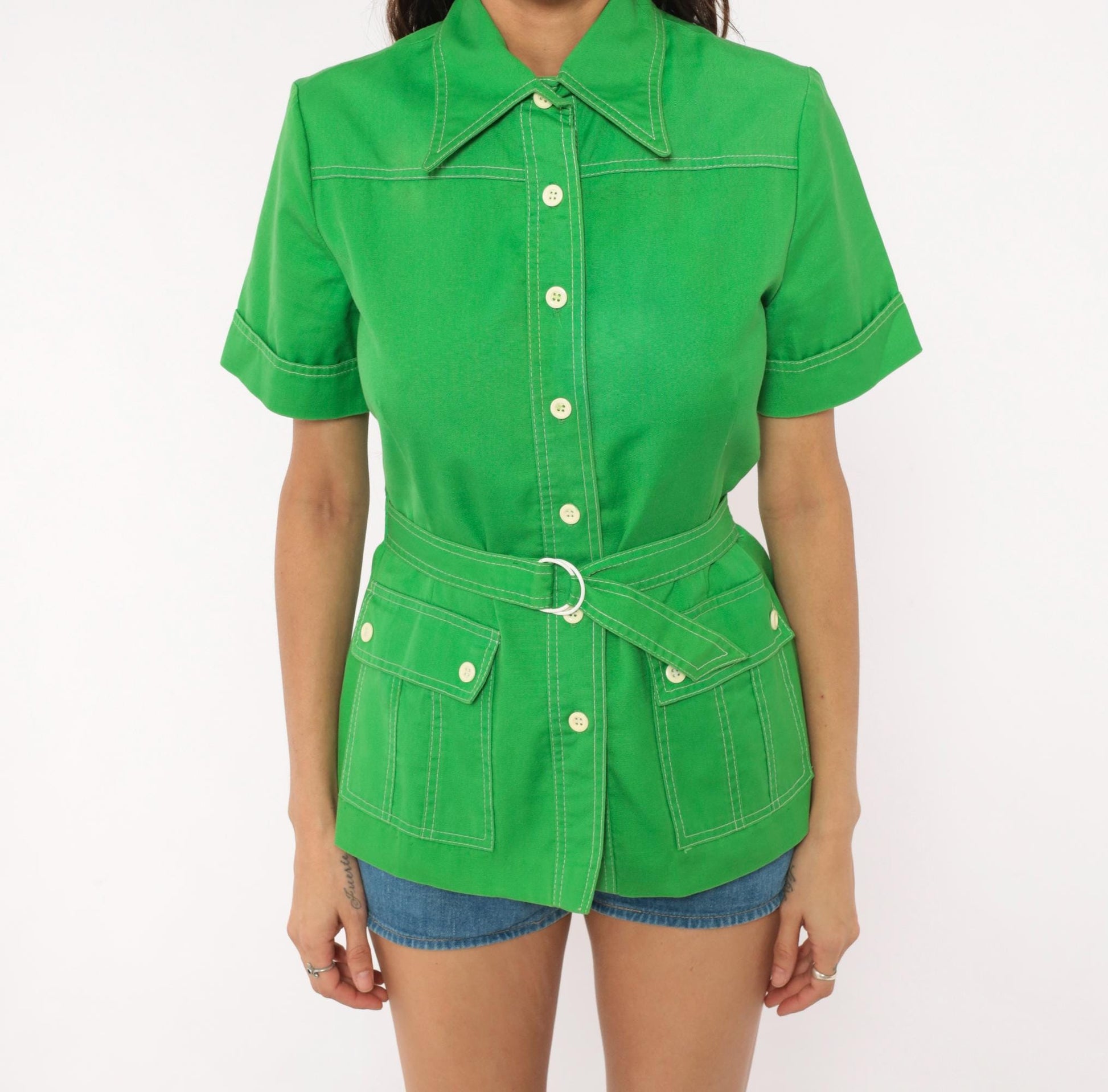 70s Bronson of California Safari Blouse Green Cotton Pointed Collar Small