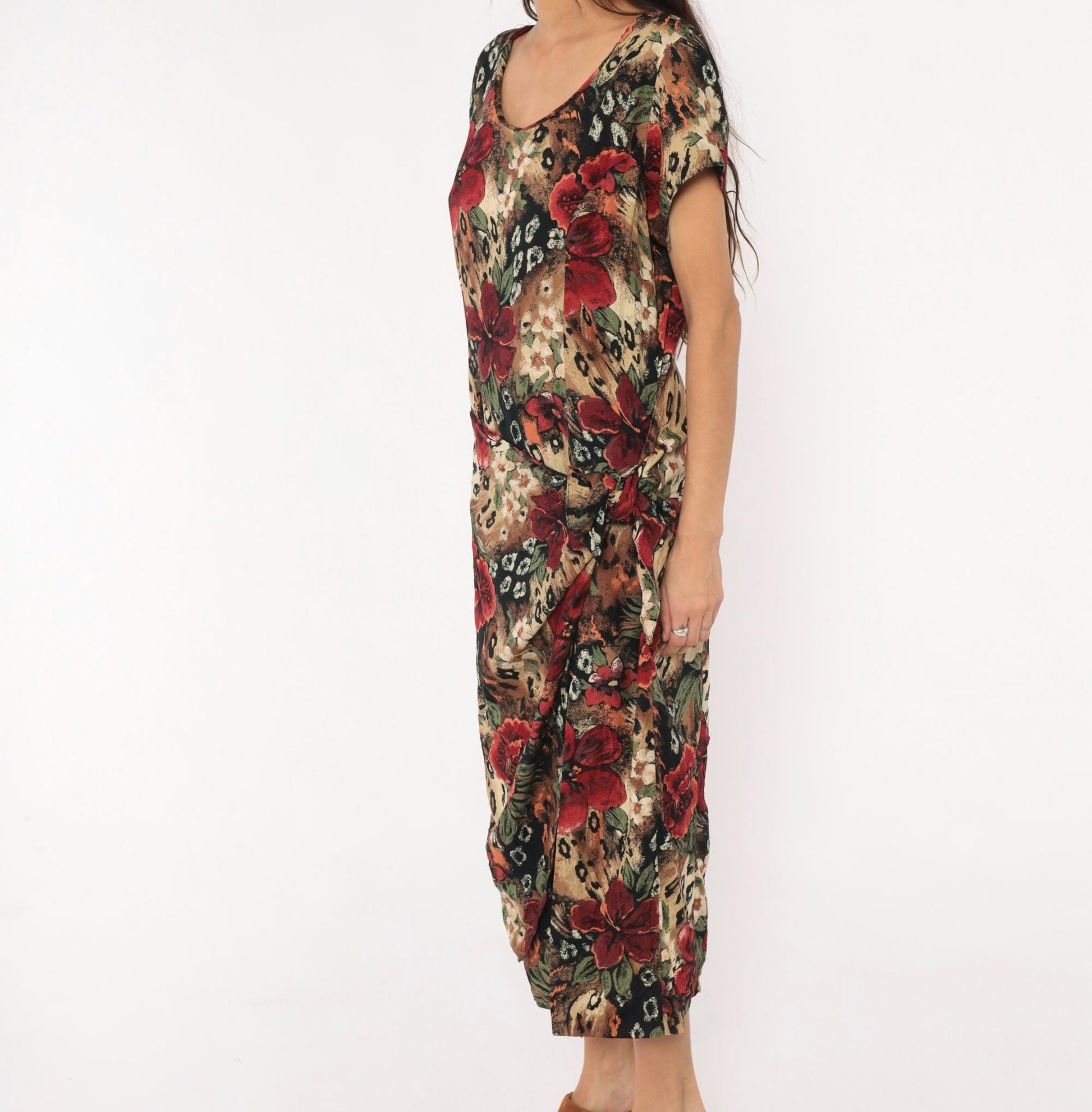 90s Lew Magram Floral Leopard Midi Dress Red Hibiscus Animal Print Large L