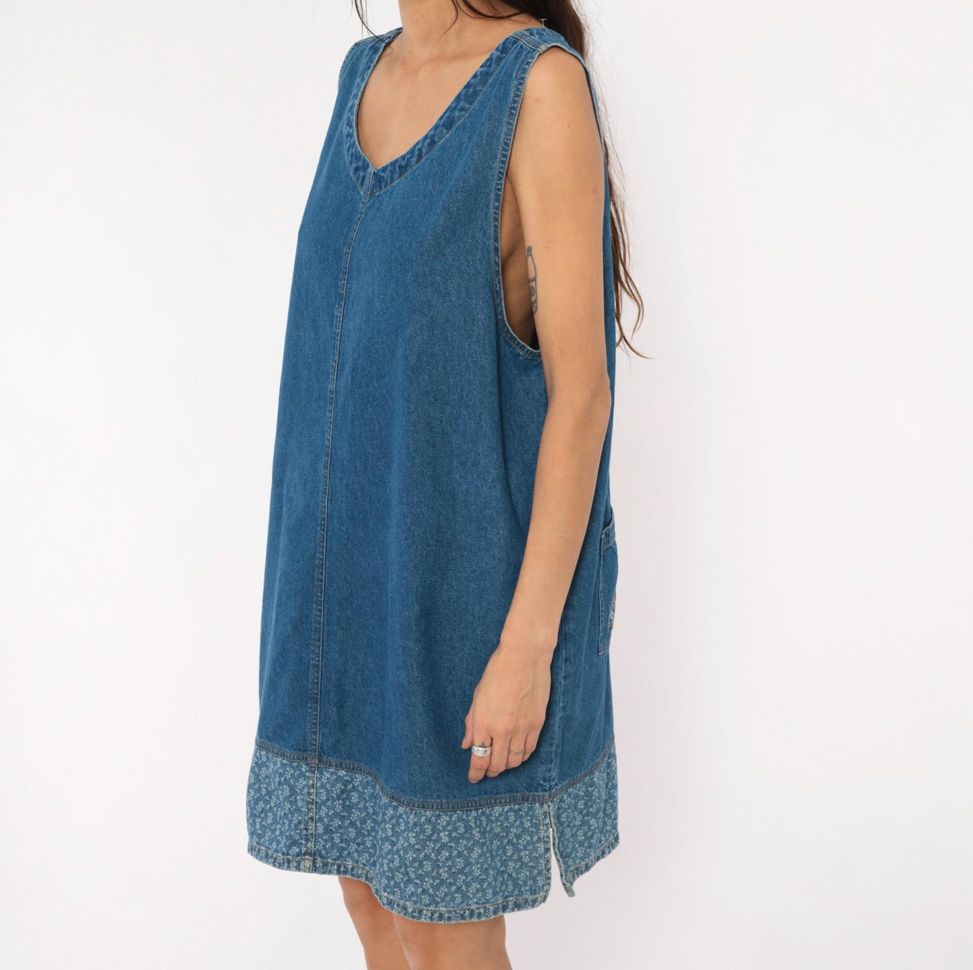 90s Erika & Co. Denim Shift Dress Embroidered Floral Cobalt Extra Large XXL