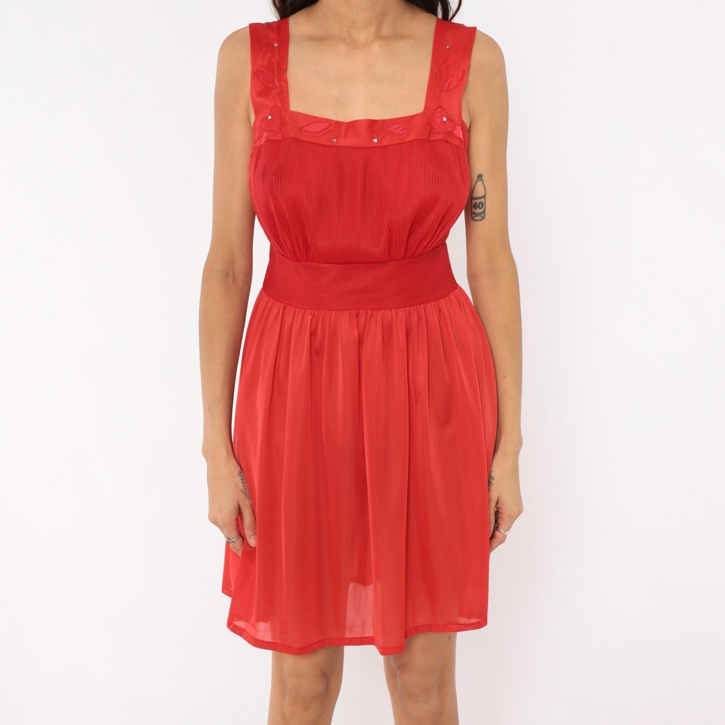 70s Red Babydoll Dress Satin Straps Embroidered Leaf Mini Nylon Medium M