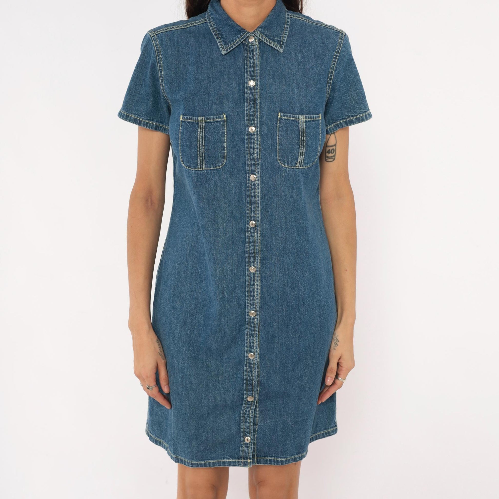 Y2K Tommy Hilfiger Denim Shirt Dress Blue Jean Snap Front Small S
