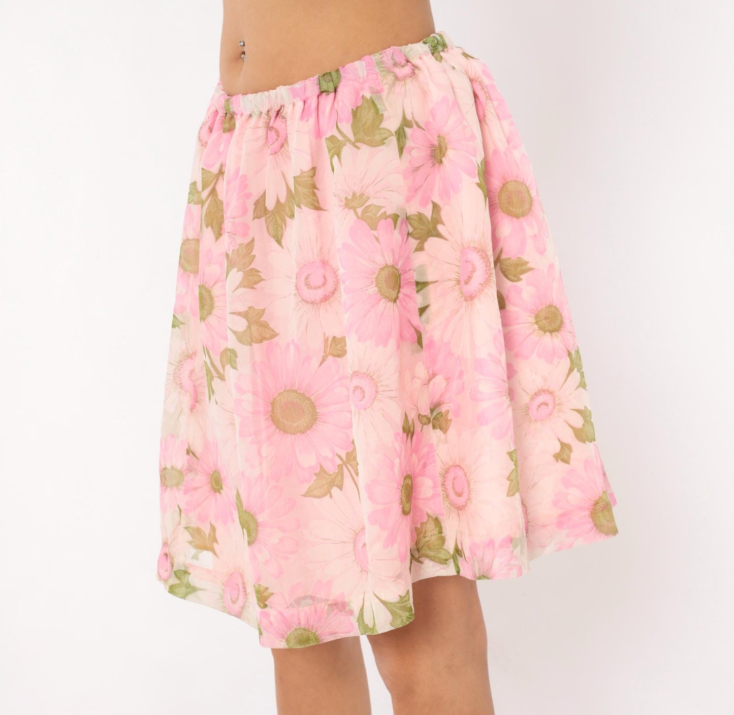 70s Pink Daisy Floral Skirt Gathered Waist A-Line Knee Length Medium Large