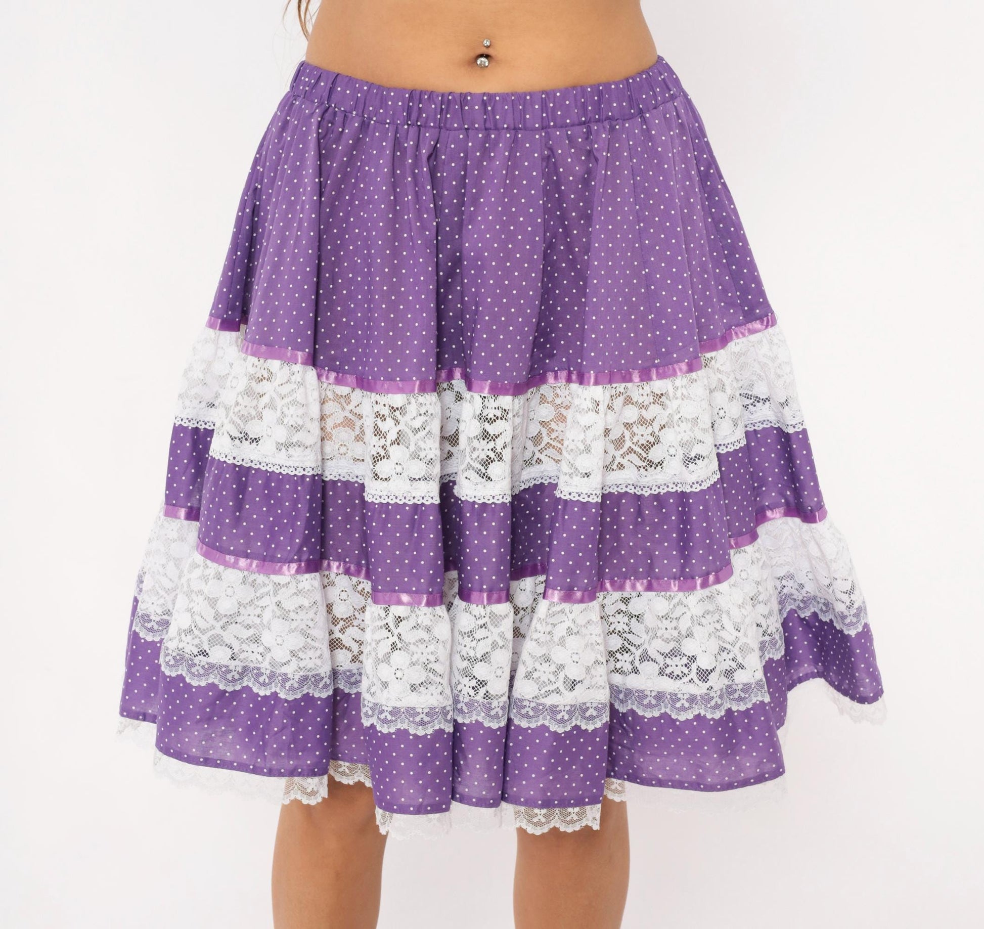 80s Purple Polka Dot Tiered Skirt Carefree Fashions Lace Trim Cotton Medium