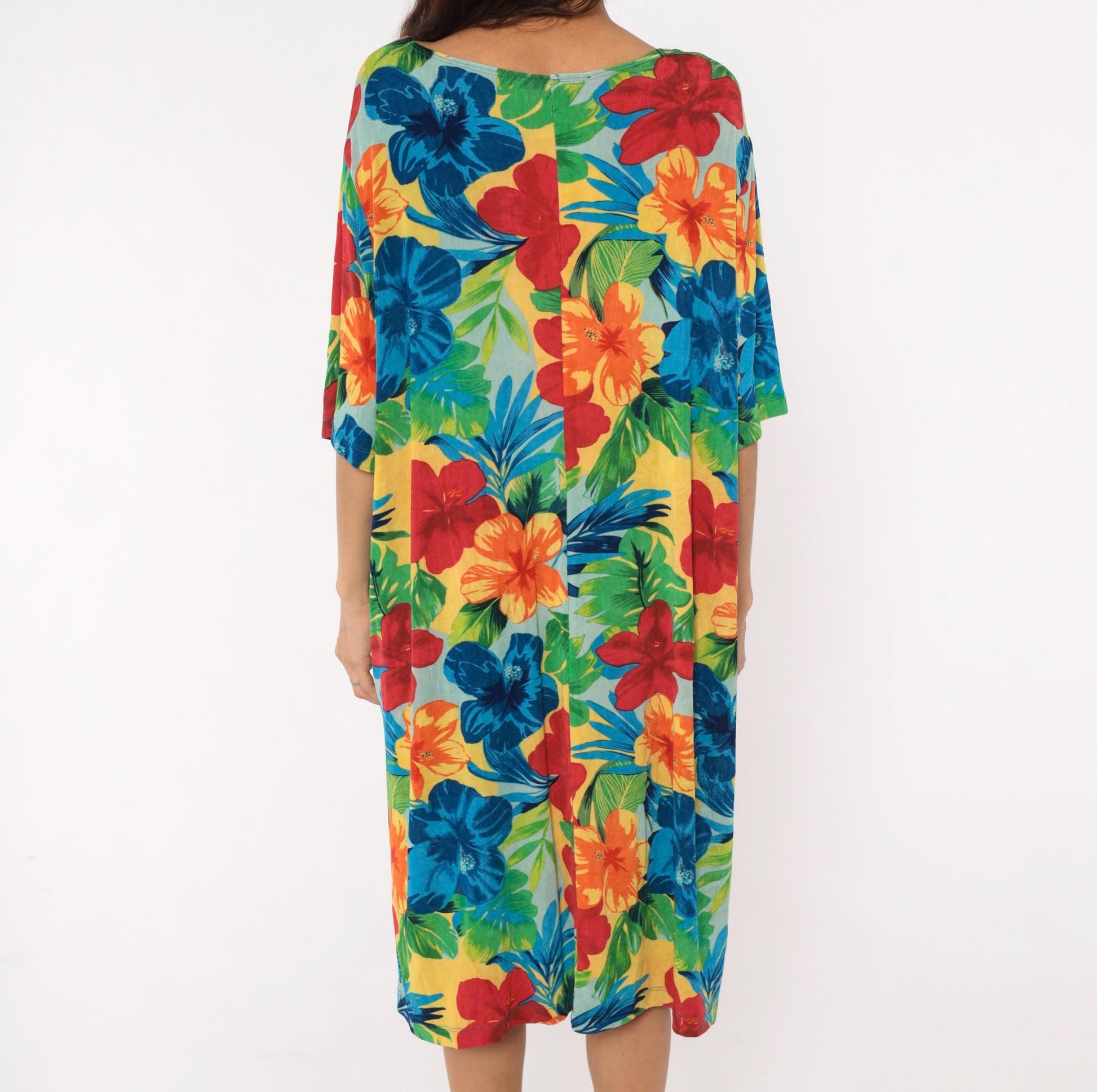 90s Slinky Brand Tropical Hibiscus Dress Scoop Neck Half Sleeve Plus Size XXL