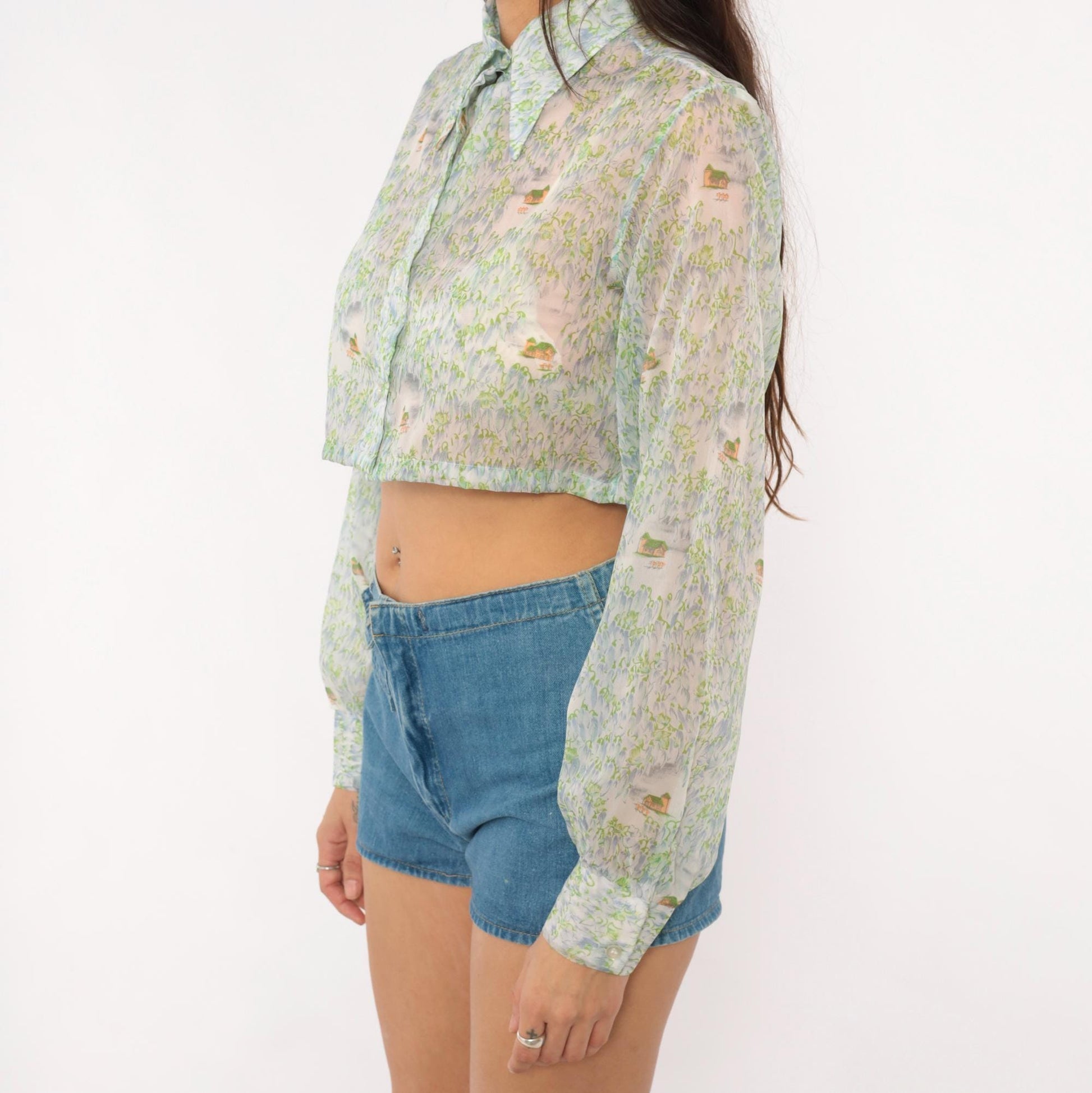 70s Tall Shop Cropped Sheer Blouse Pastoral Landscape Print Green Blue Small Medium