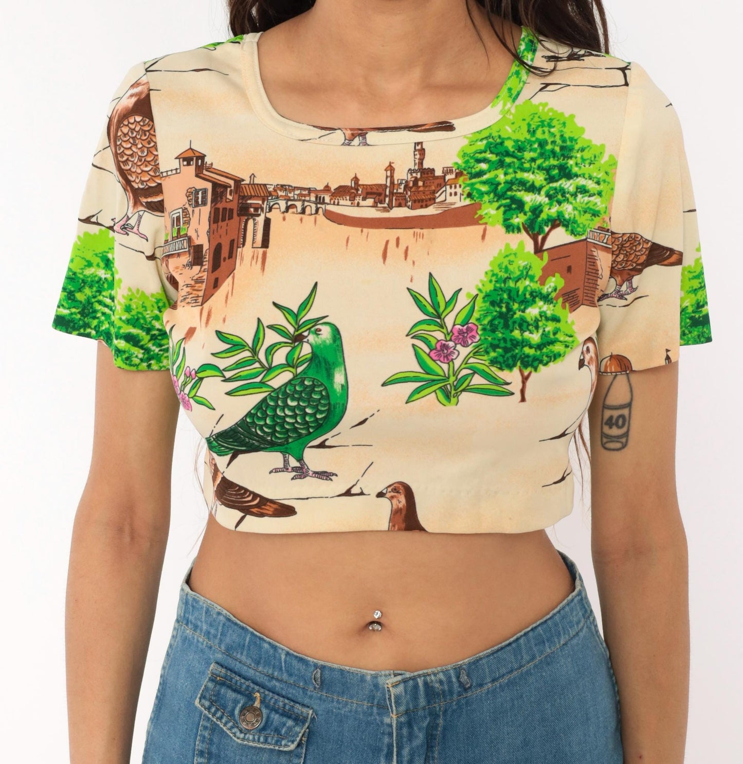 70s Pigeon Crop Top Novelty Bird Print Scoop Neck Fitted Small