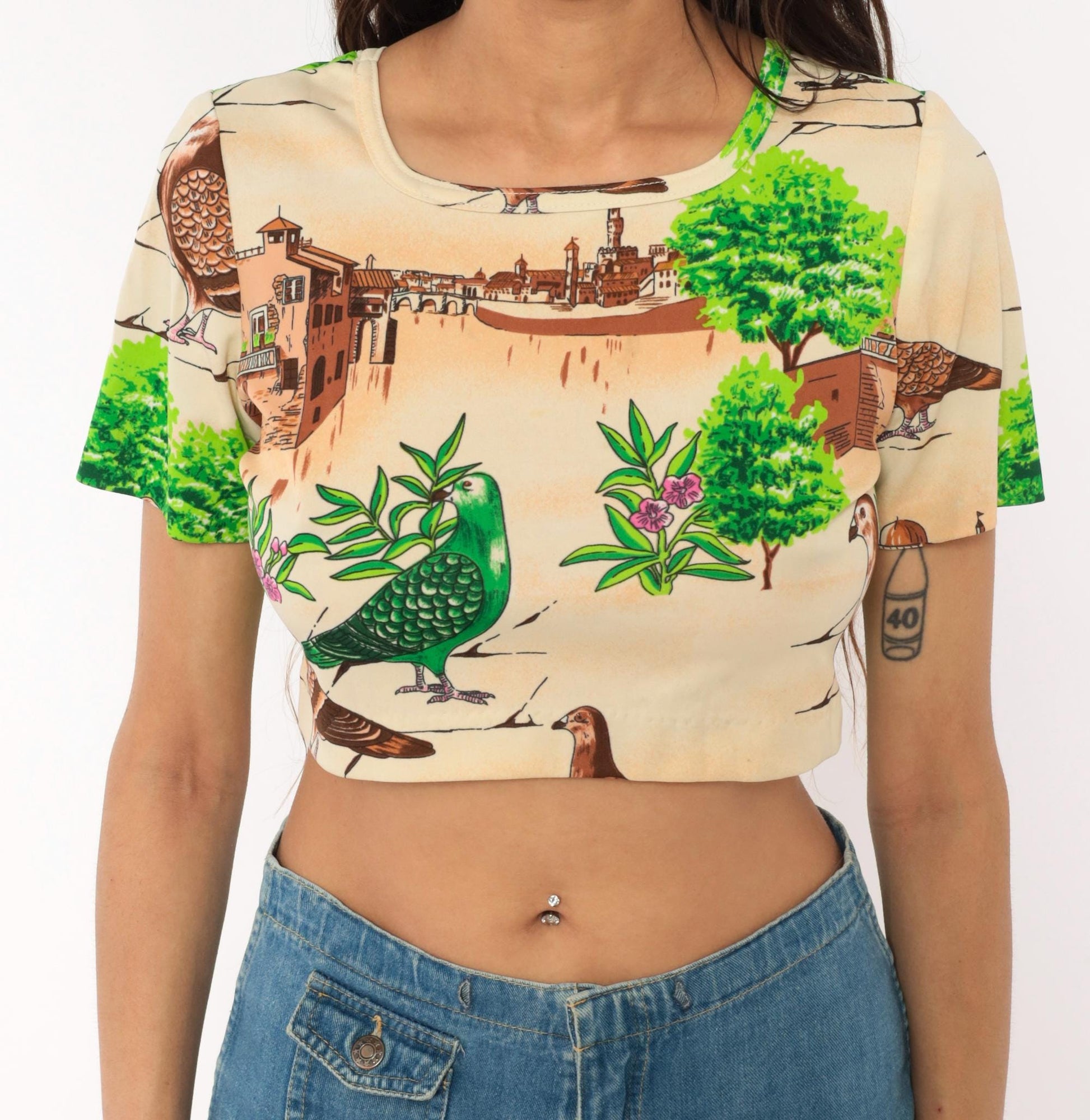 70s Pigeon Crop Top Novelty Bird Print Scoop Neck Fitted Small