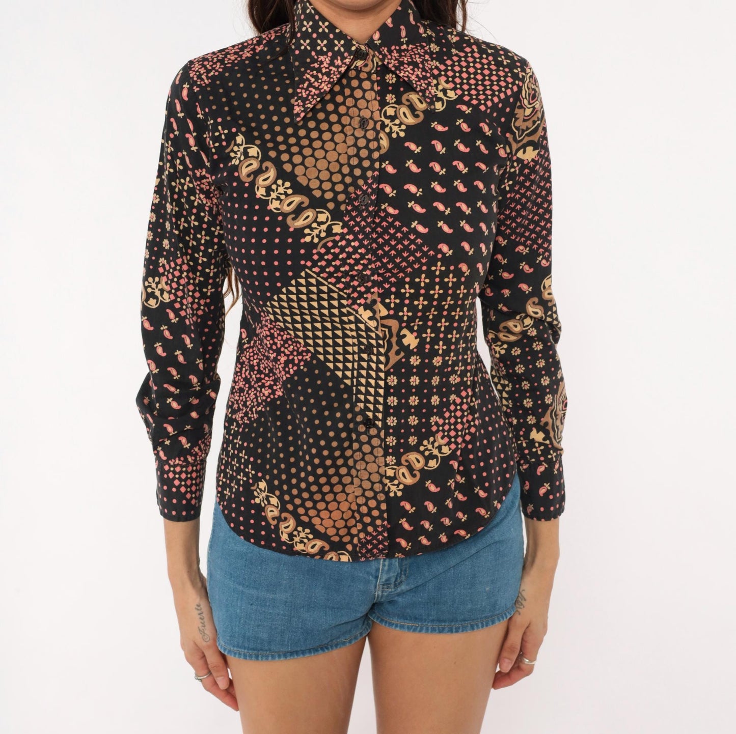70s Gina Fashion Patchwork Button Blouse Black Pink Tan Paisley Cotton Extra Small