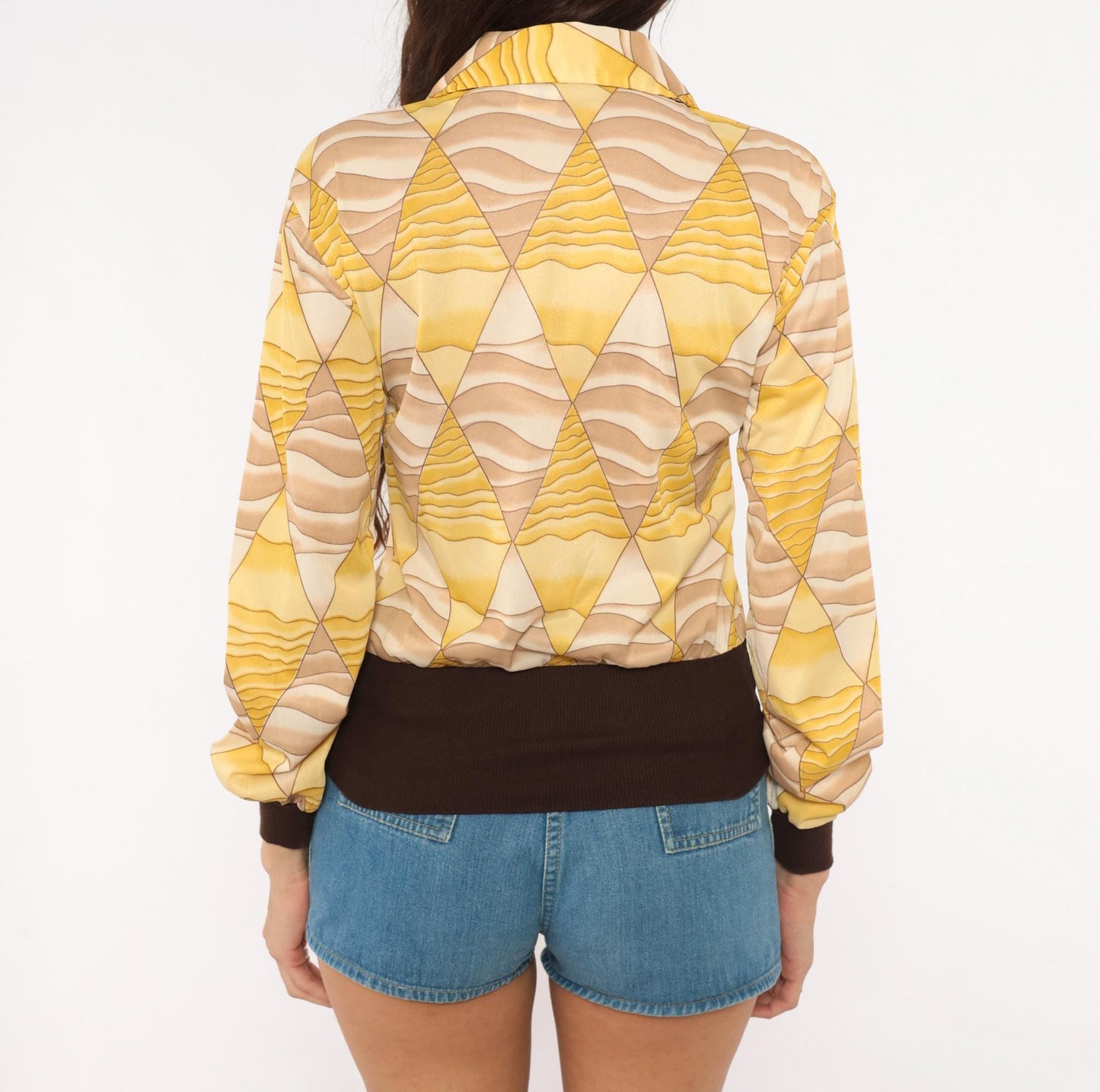 70s Diamond Harlequin Polo Blouse Yellow Beige Long Sleeve Small