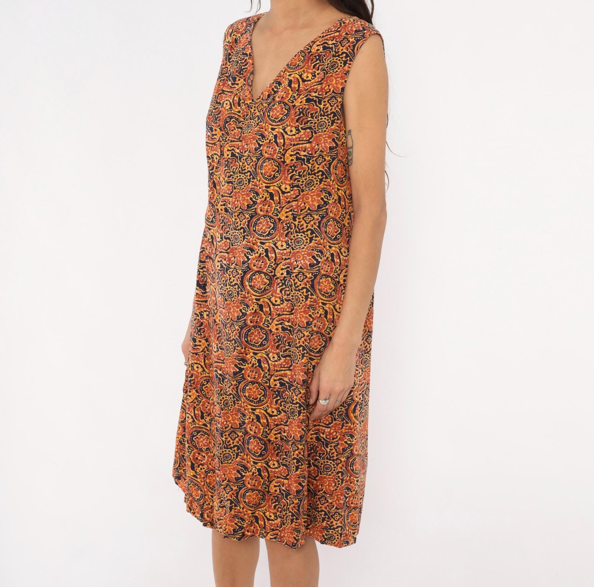 70s Batik Sundress Navy Rust Brown Paisley Floral Cotton V-Neck Medium M