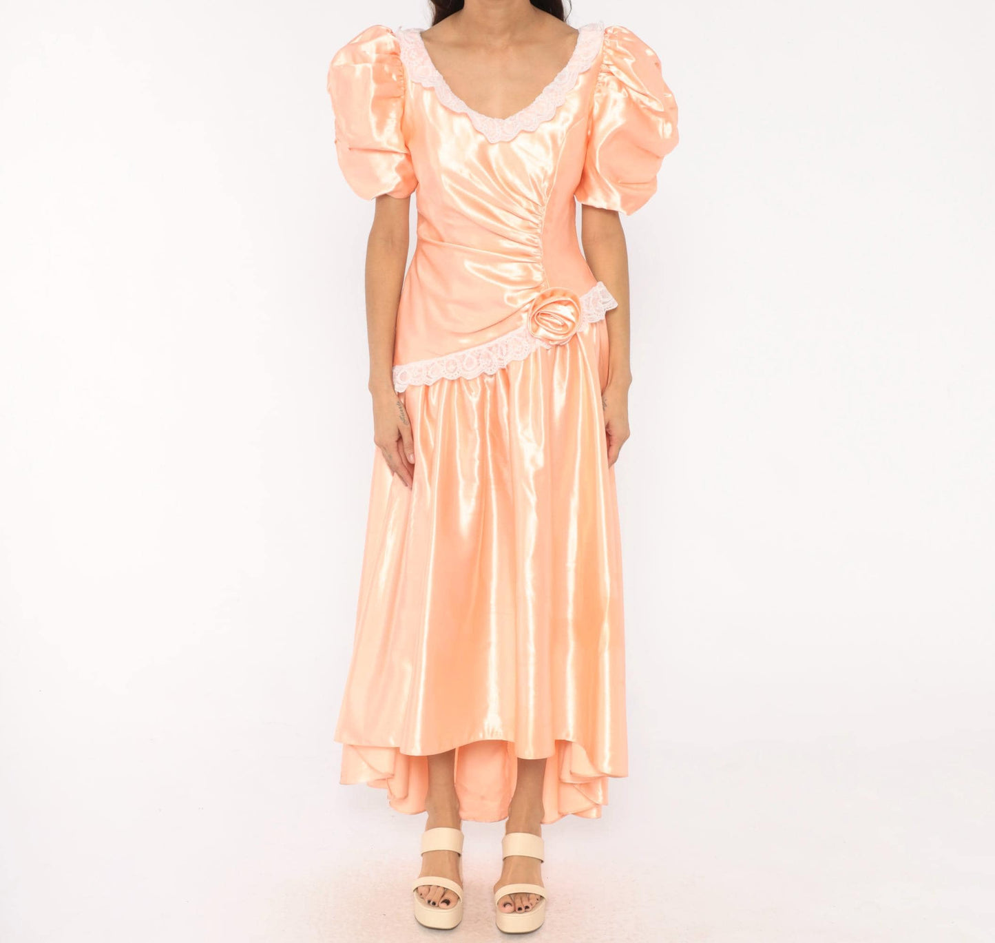80s Peach Satin Prom Gown Puff Sleeve V Neck Drop Waist Rosette Medium
