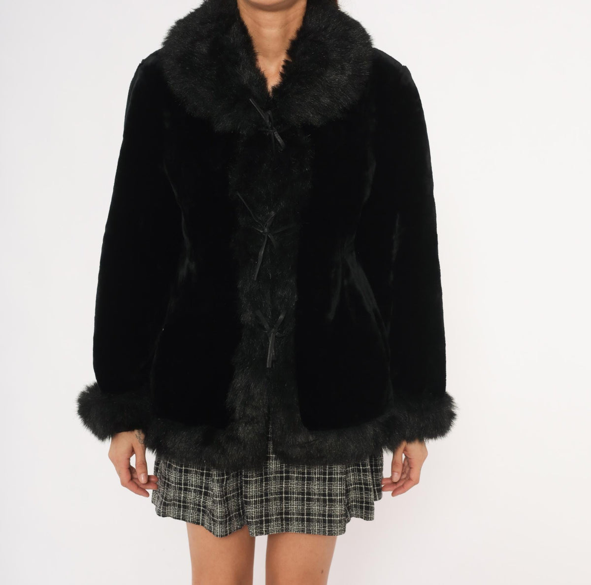 Y2K Black Faux Fur Jacket Tie Front Cropped Collar Small S