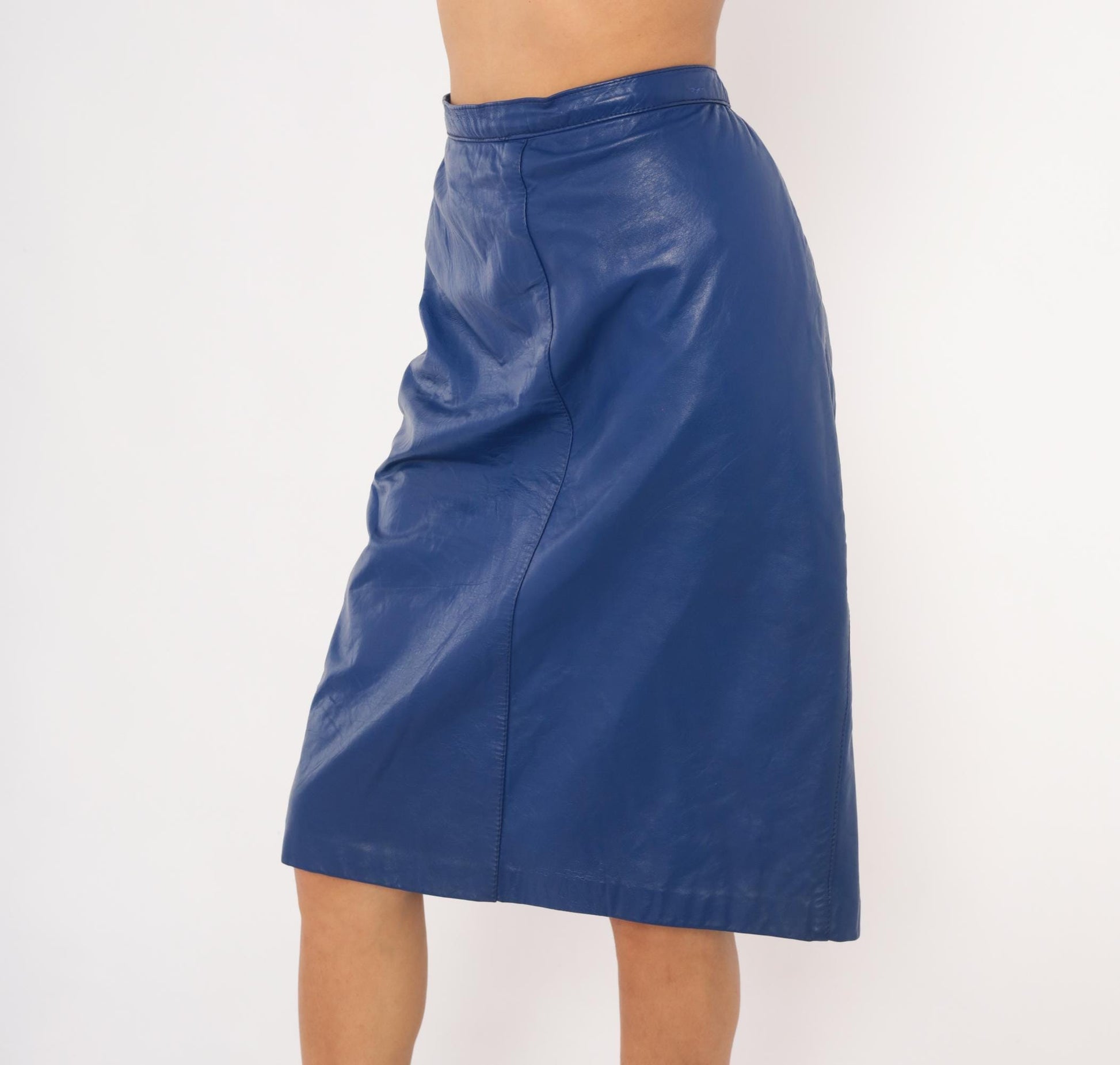 80s Bagatelle Cobalt Faux Leather Pencil Skirt High Waist Midi Side Zip Size 16