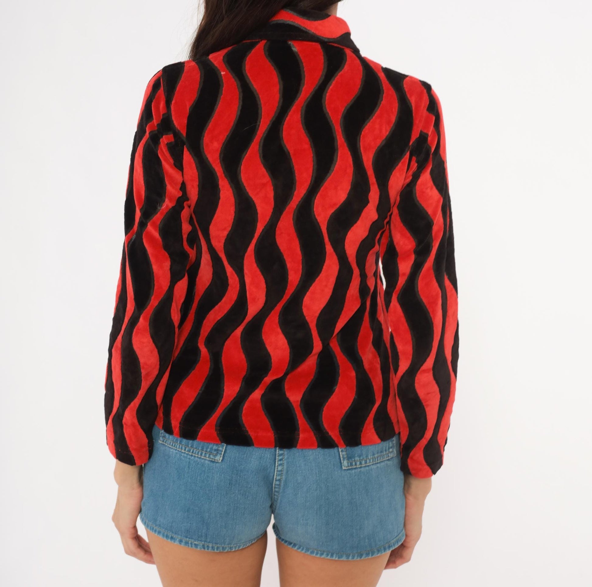 Y2K Psychedelic Wave Collared Shirt Red Black Wavy Stripe Long Sleeve Extra Small