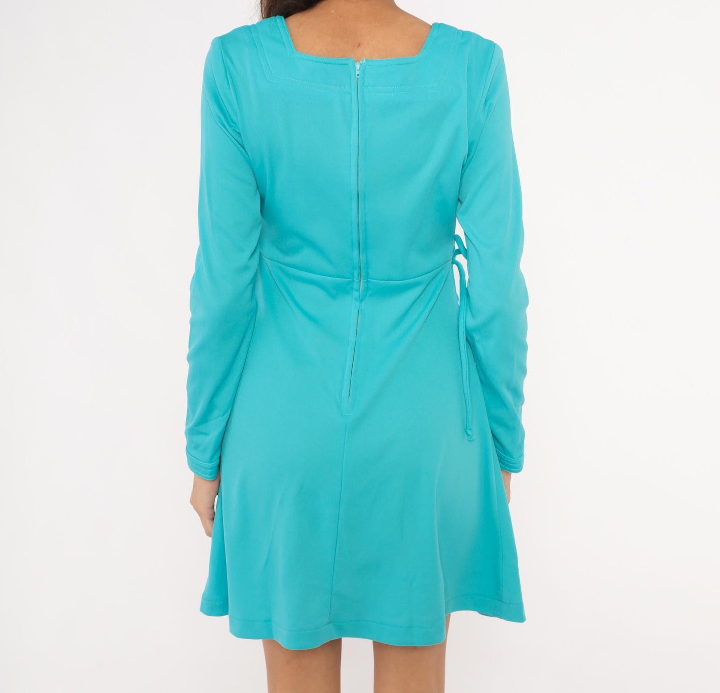 70s Aqua Babydoll Mini Dress Empire Waist Tie Side Long Sleeve Medium M