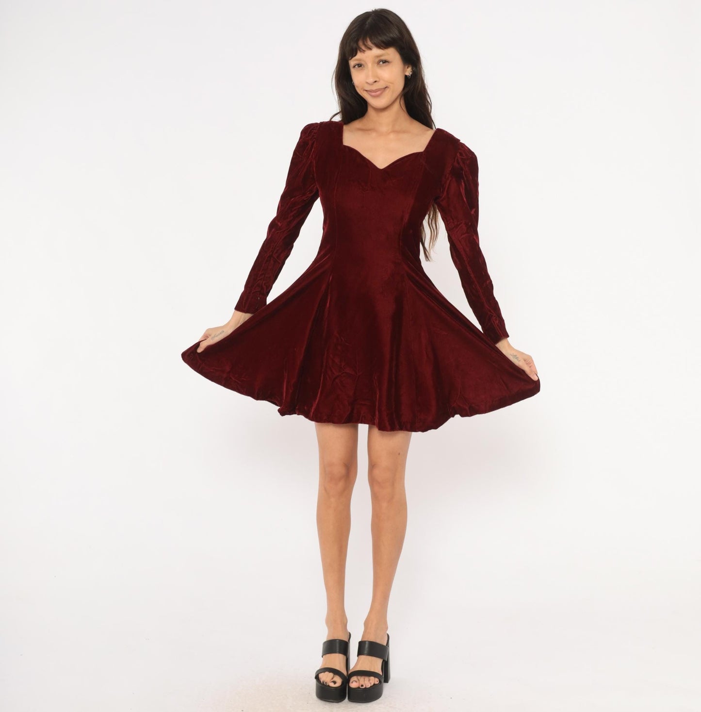 90s Perspective Burgundy Velvet Mini Dress Sweetheart Neckline Puff Sleeve Small S
