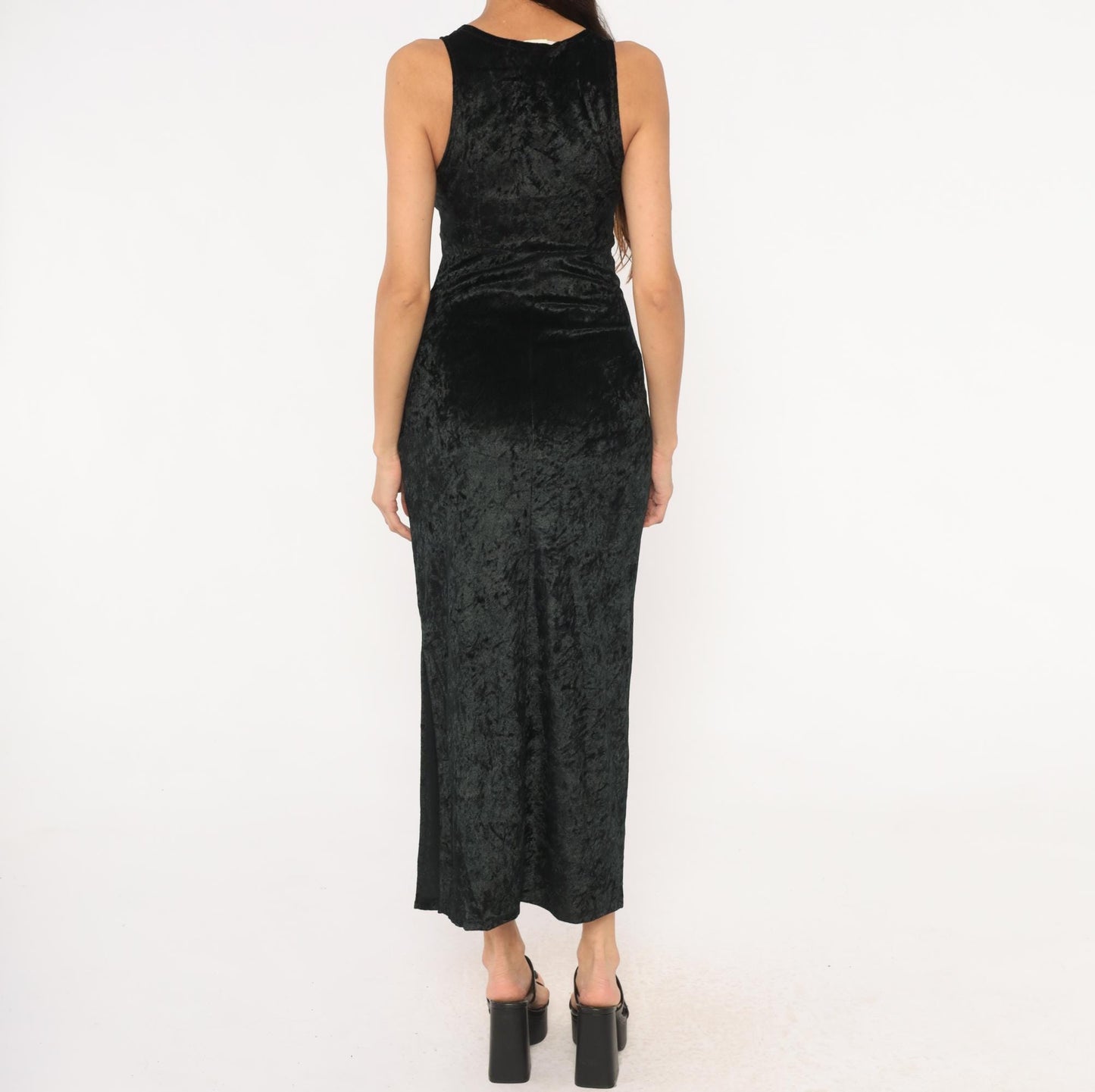 90s Hana Black Crushed Velvet Maxi Dress Sleeveless Scoop Neck Small S
