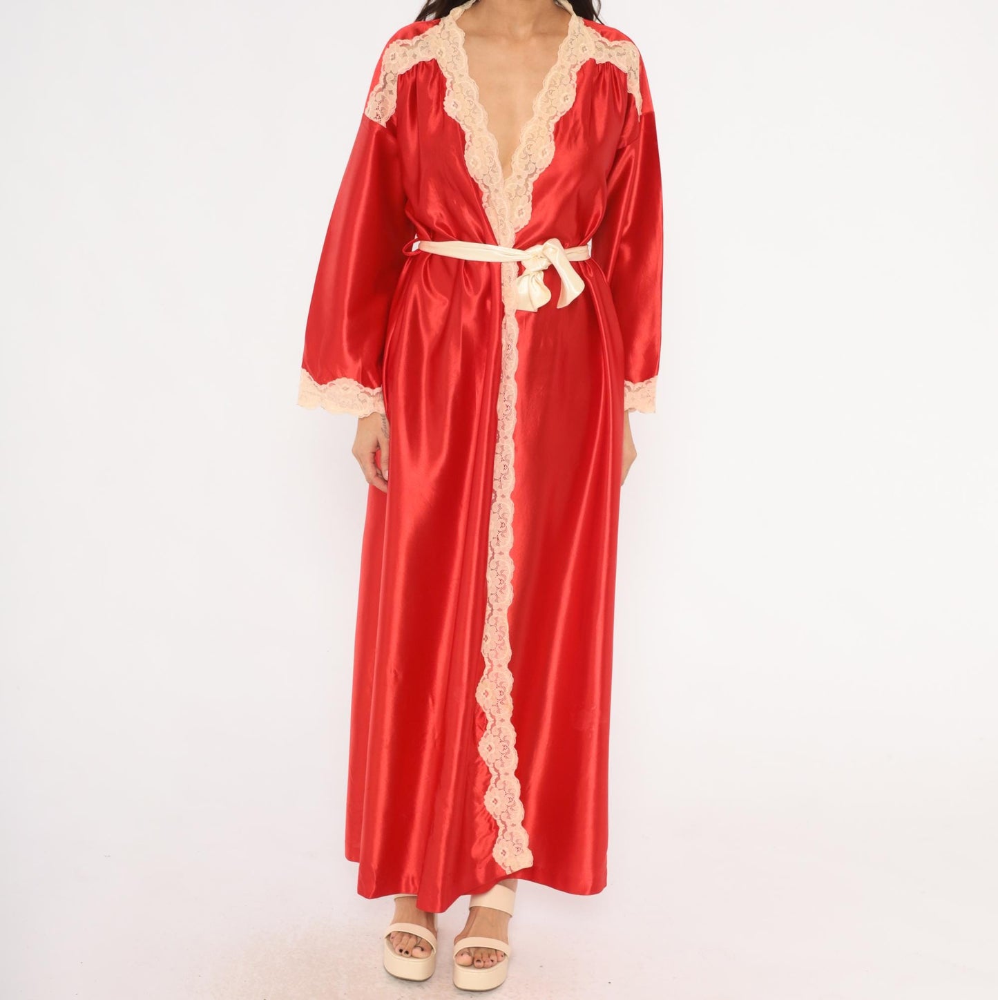 70s Tom Bezduda Barad Red Satin Robe Lace Trim Maxi Tie Front Medium