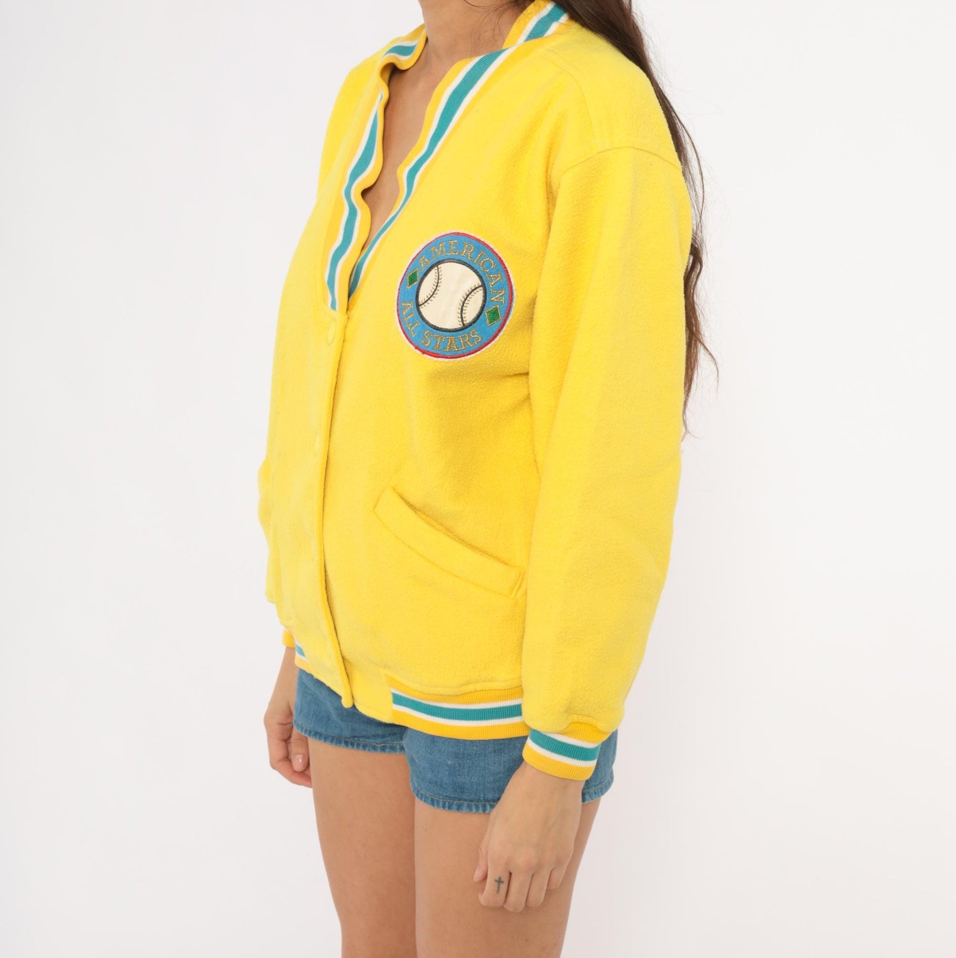 90s Energie Yellow Varsity Cardigan Baseball Patch Teal Striped Small S