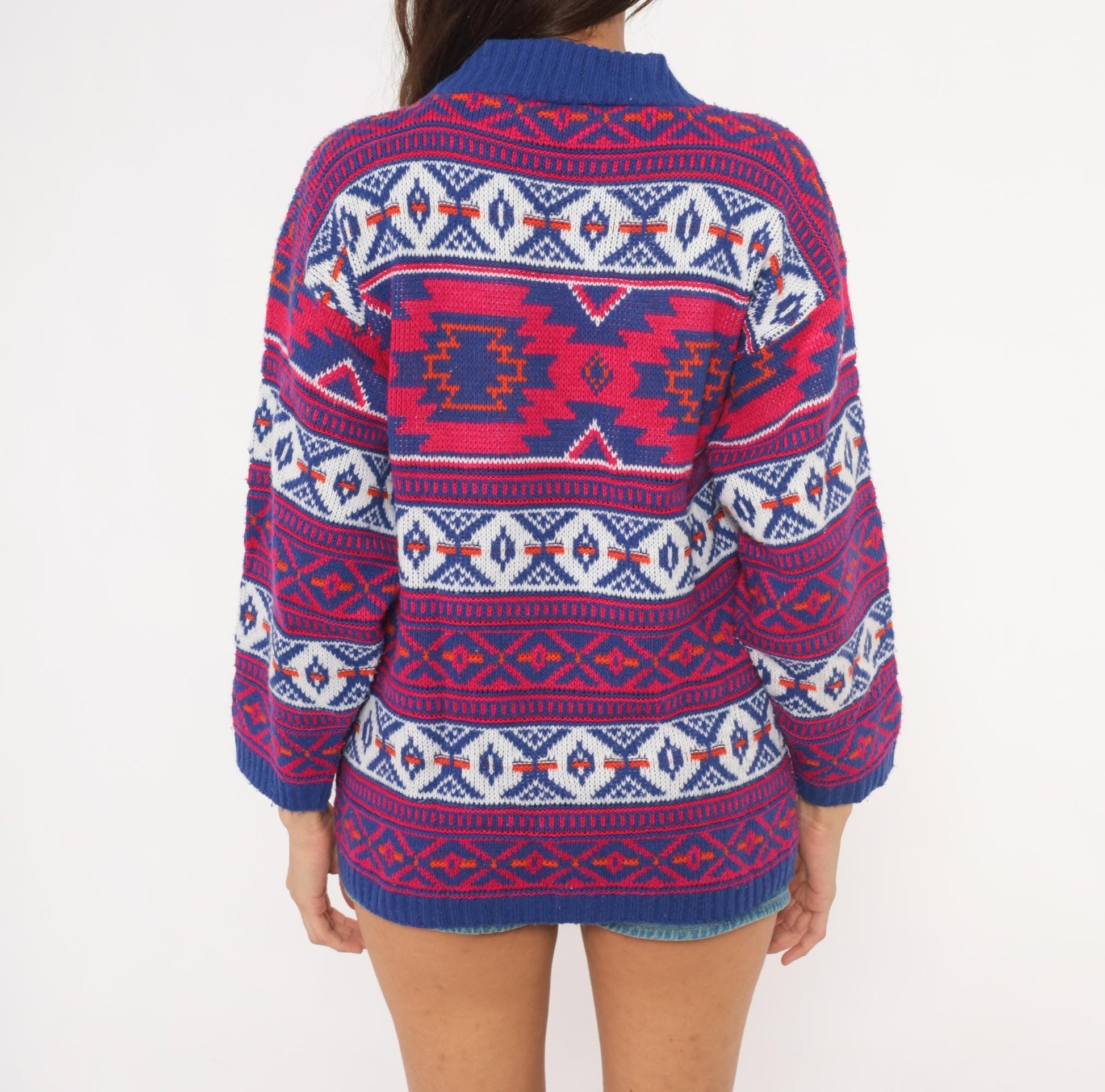 90s Croquet Southwestern Geometric Knit Pullover Navy Blue Pink Medium M