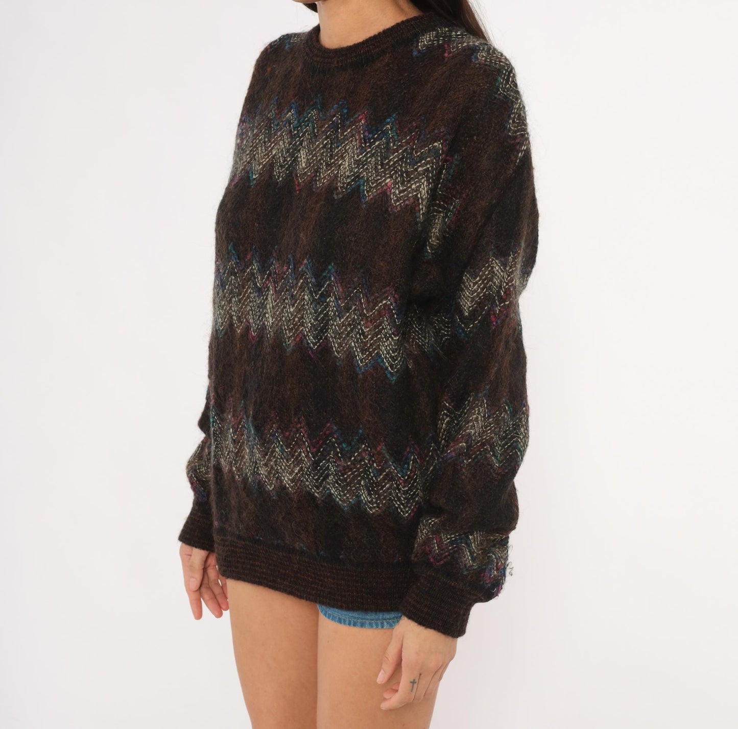 80s Croft & Barrow Chevron Zigzag Wool Pullover Dark Brown Small