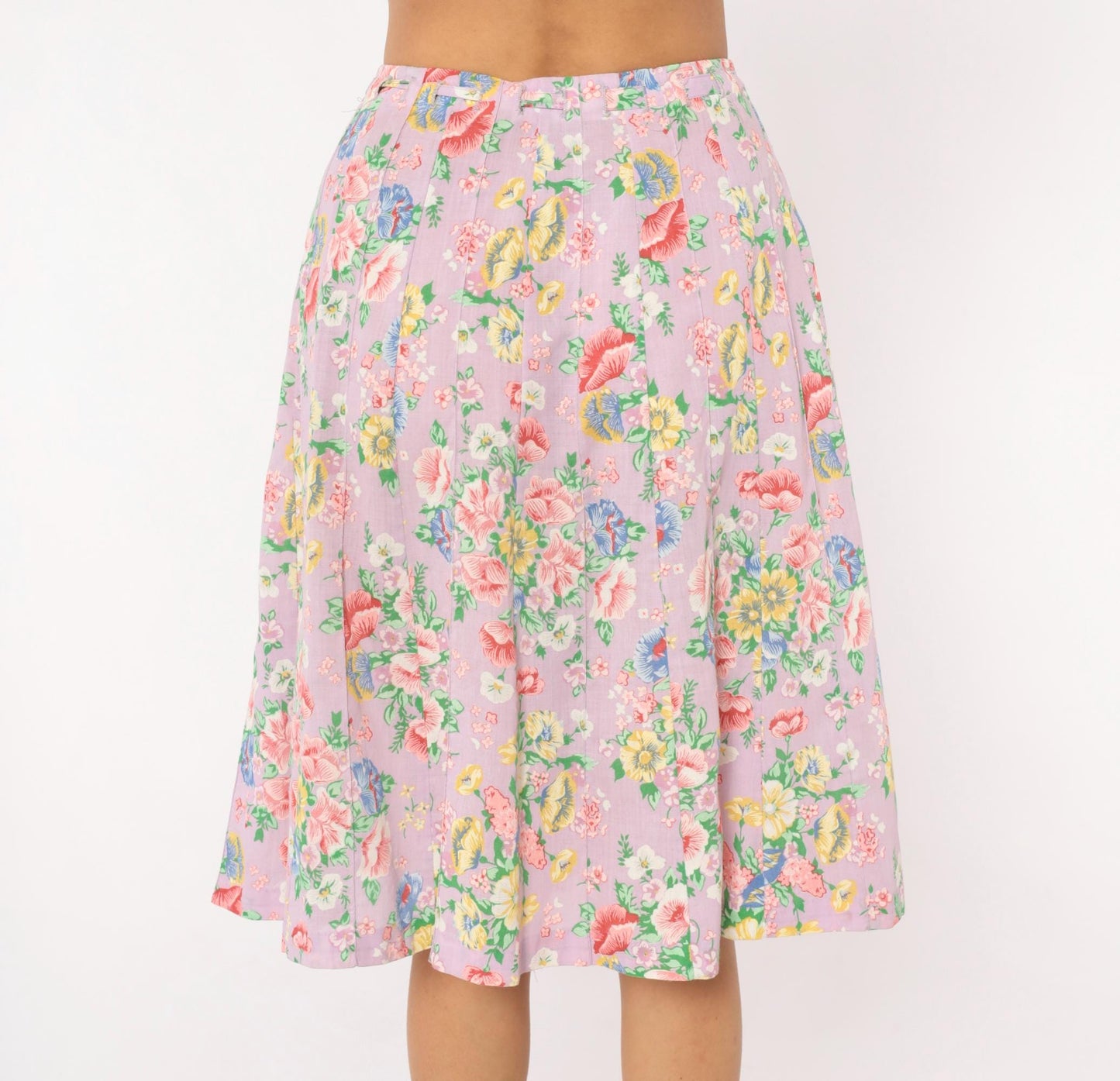 80s Lilac Floral Pleated Skirt Button Front Knee Length Cotton Small