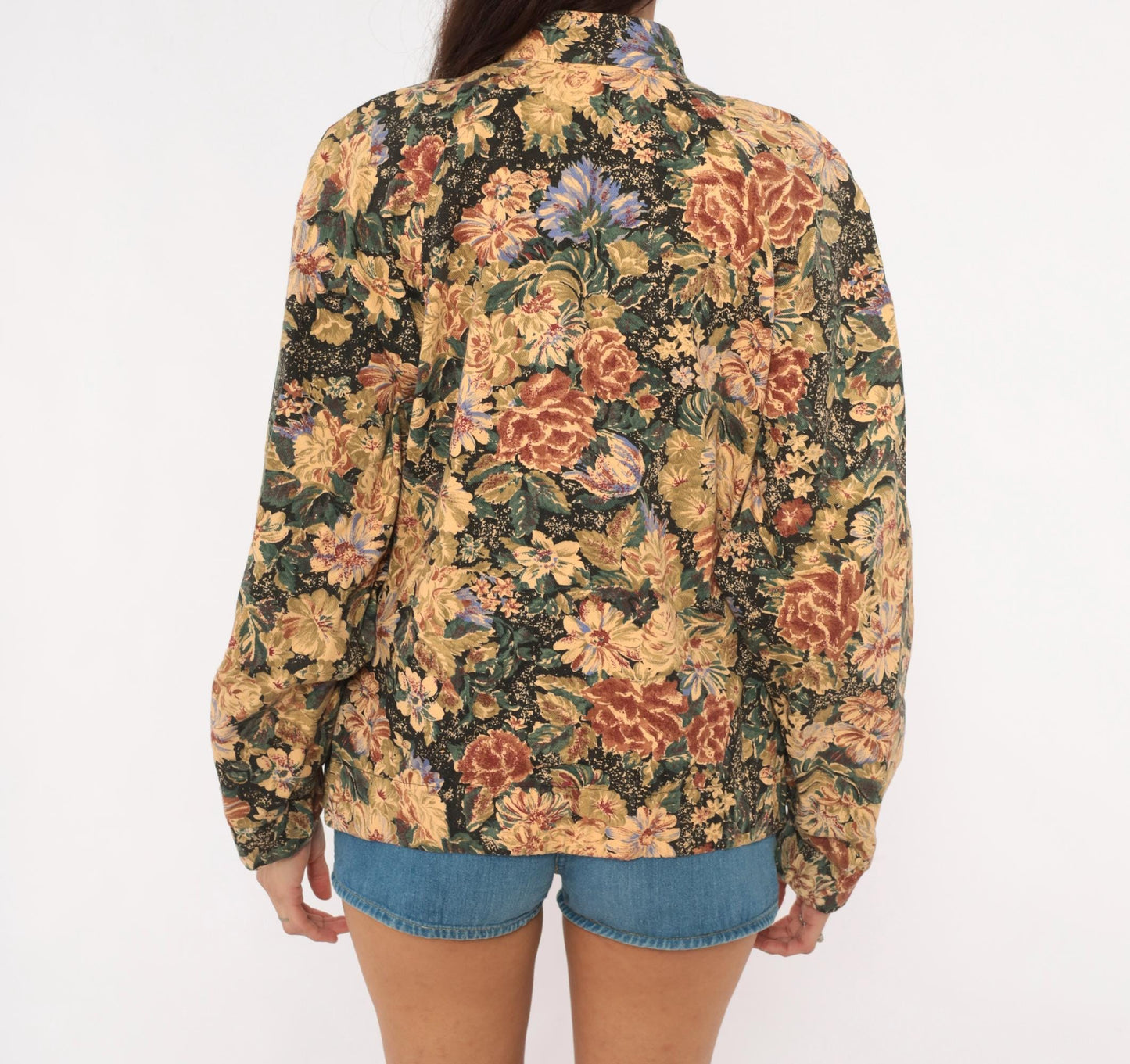 90s On The Verge Floral Tapestry Bomber Jacket Cotton Botanical Tan Burgundy Medium