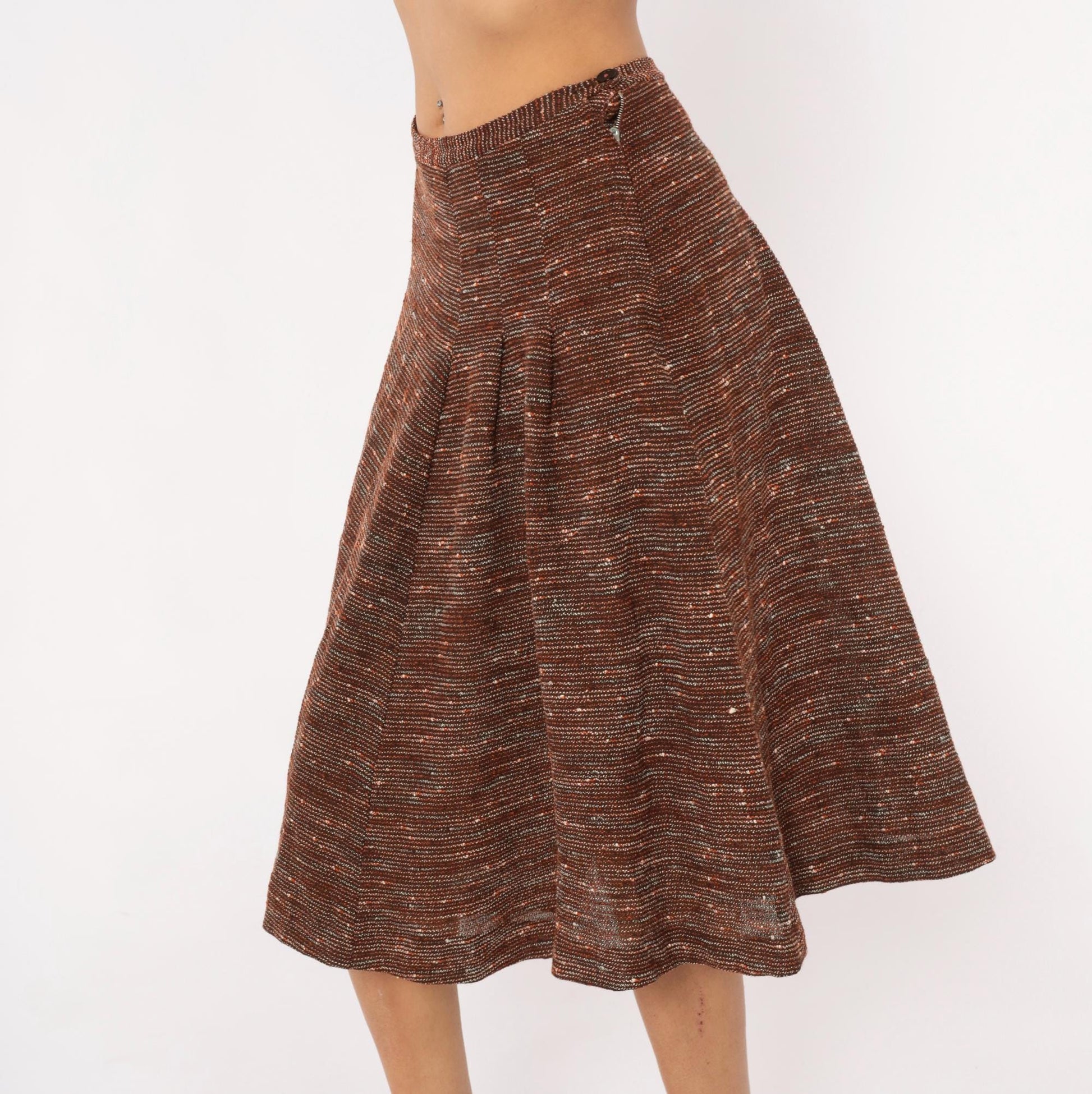 70s Brown Tweed Knit A-Line Midi Skirt Speckled Earth Tone Small