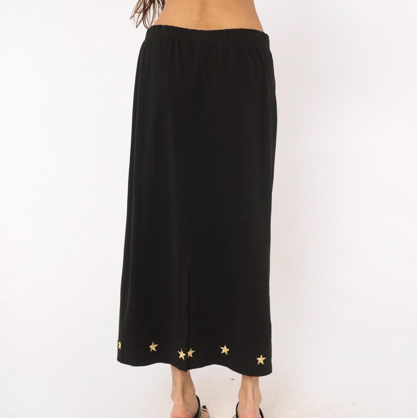 90s Quacker Factory Black Midi Skirt Gold Star Embroidered Medium M