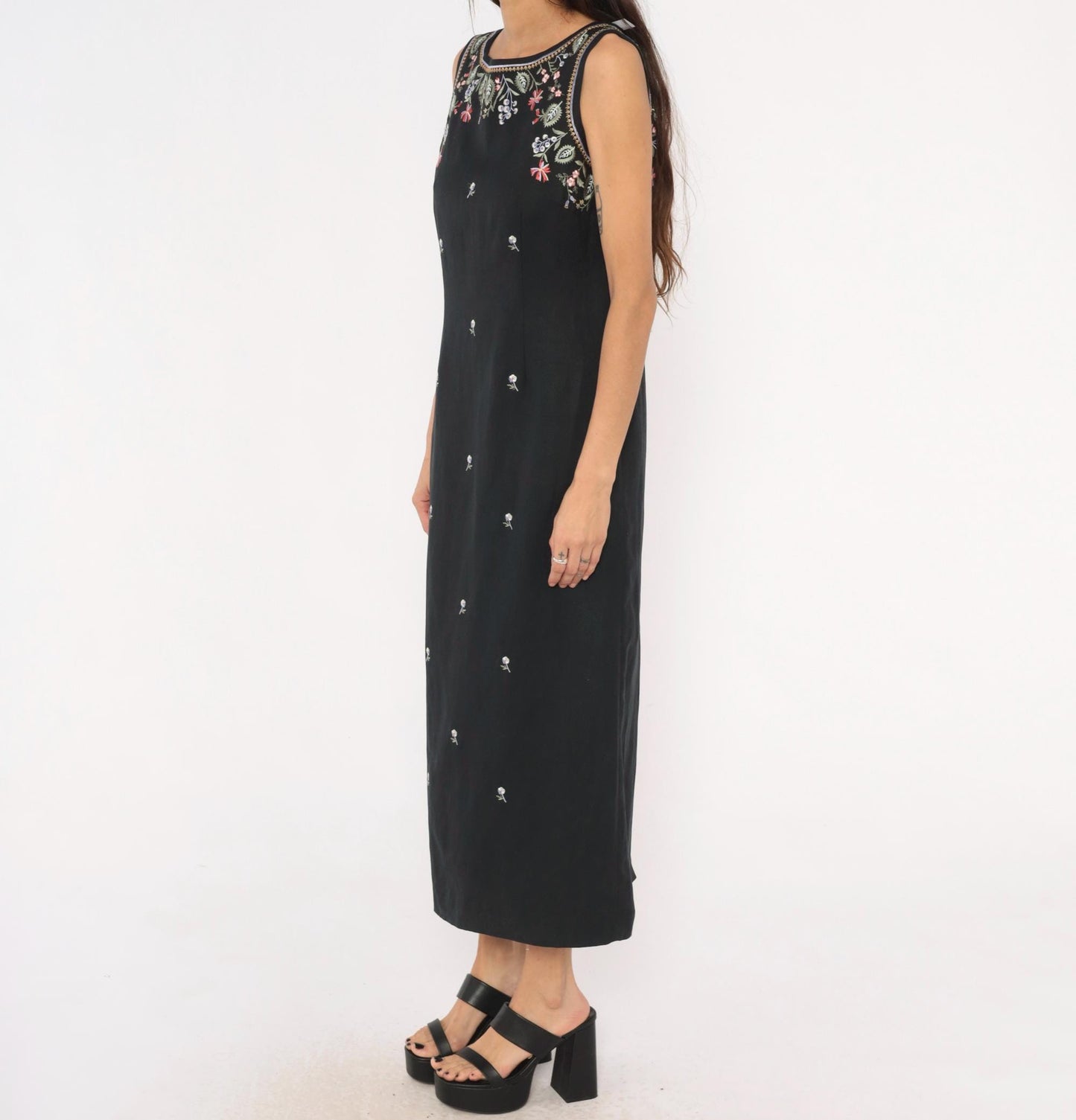 90s Jennifer Eden Black Embroidered Floral Maxi Dress V-Back Slit Medium M