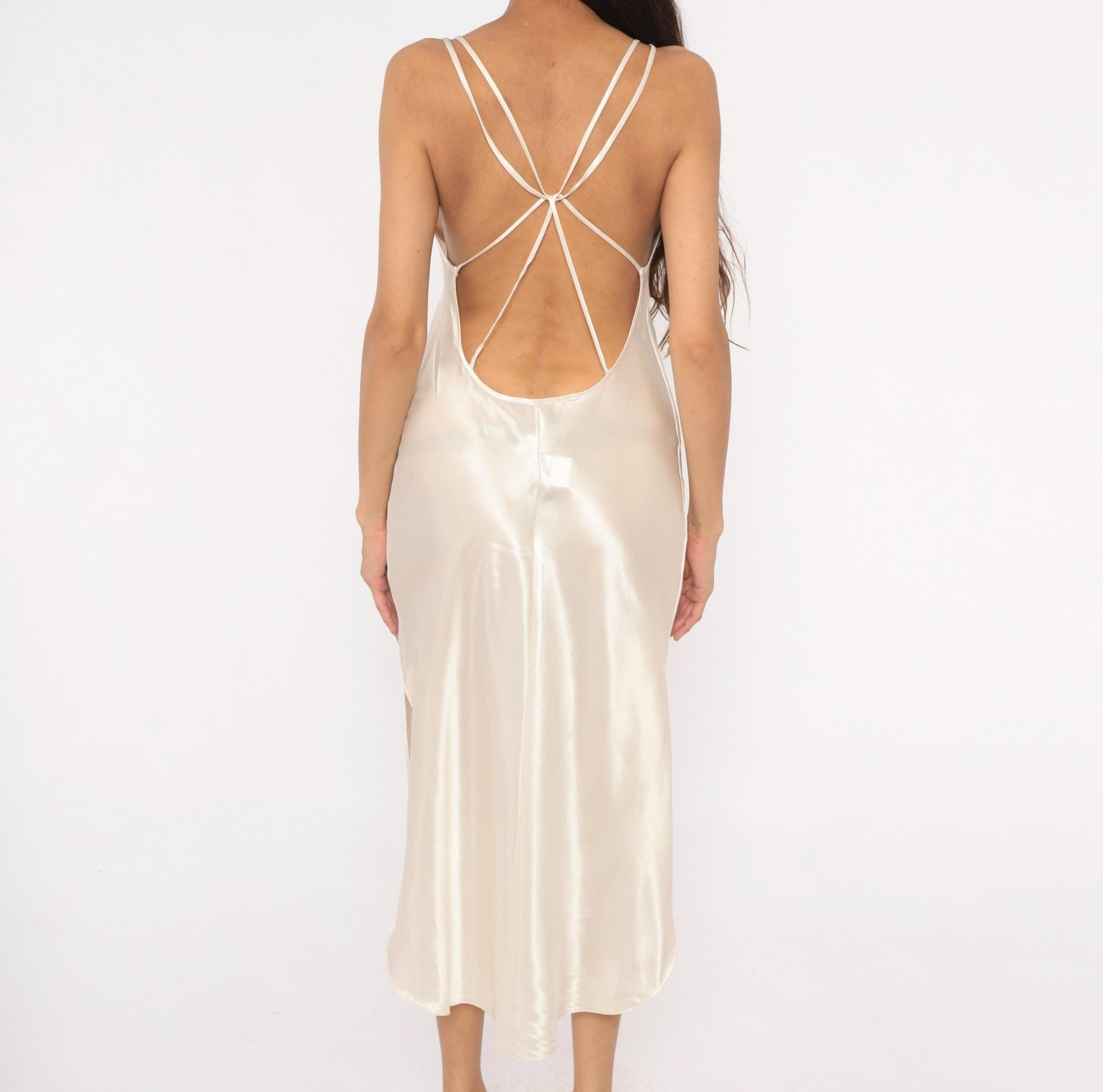 90s California Dynasty Cream Satin Slip Dress Floral Lace Cutwork Open Back Medium M