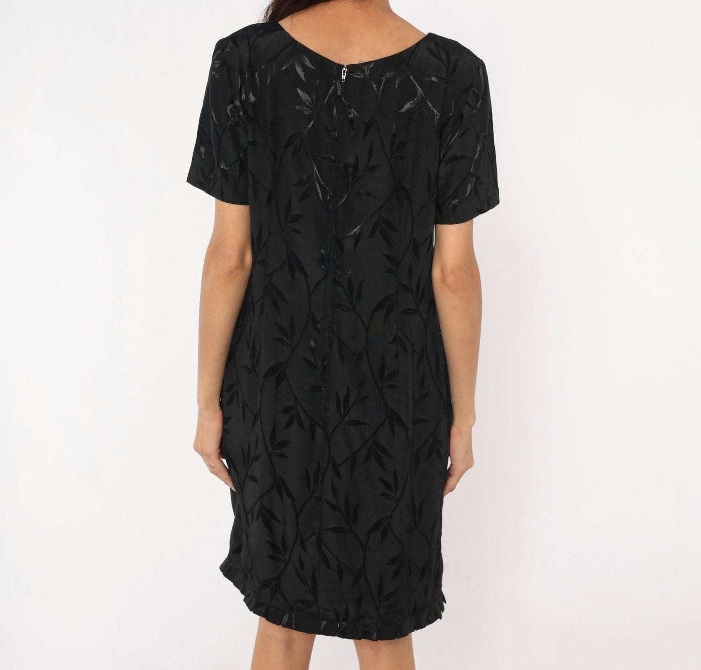 90s Giorgio Fiorlini Black Jacquard Leaf Shift Dress Scoop Neck Large L