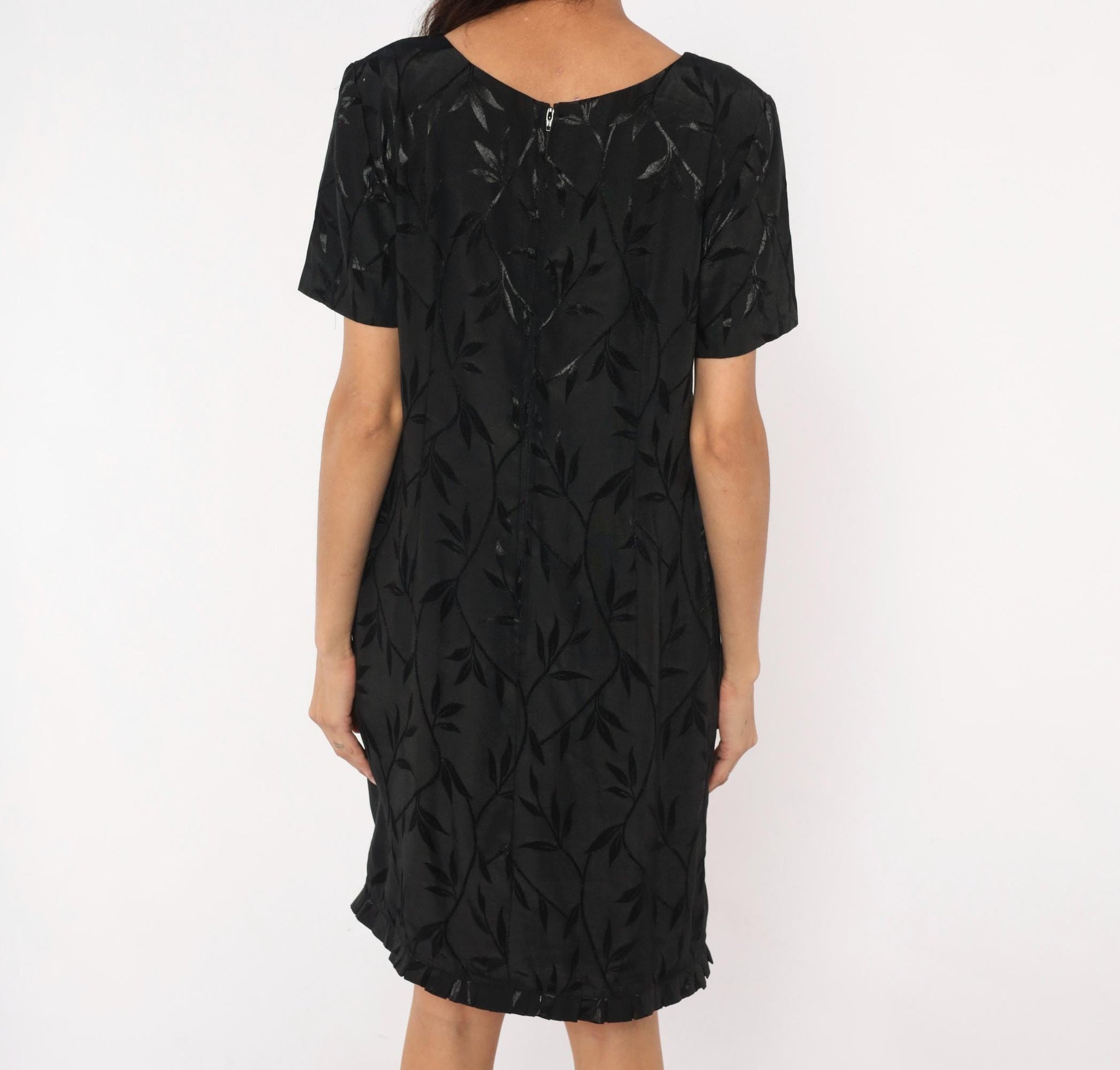 90s Giorgio Fiorlini Black Jacquard Leaf Shift Dress Scoop Neck Large L