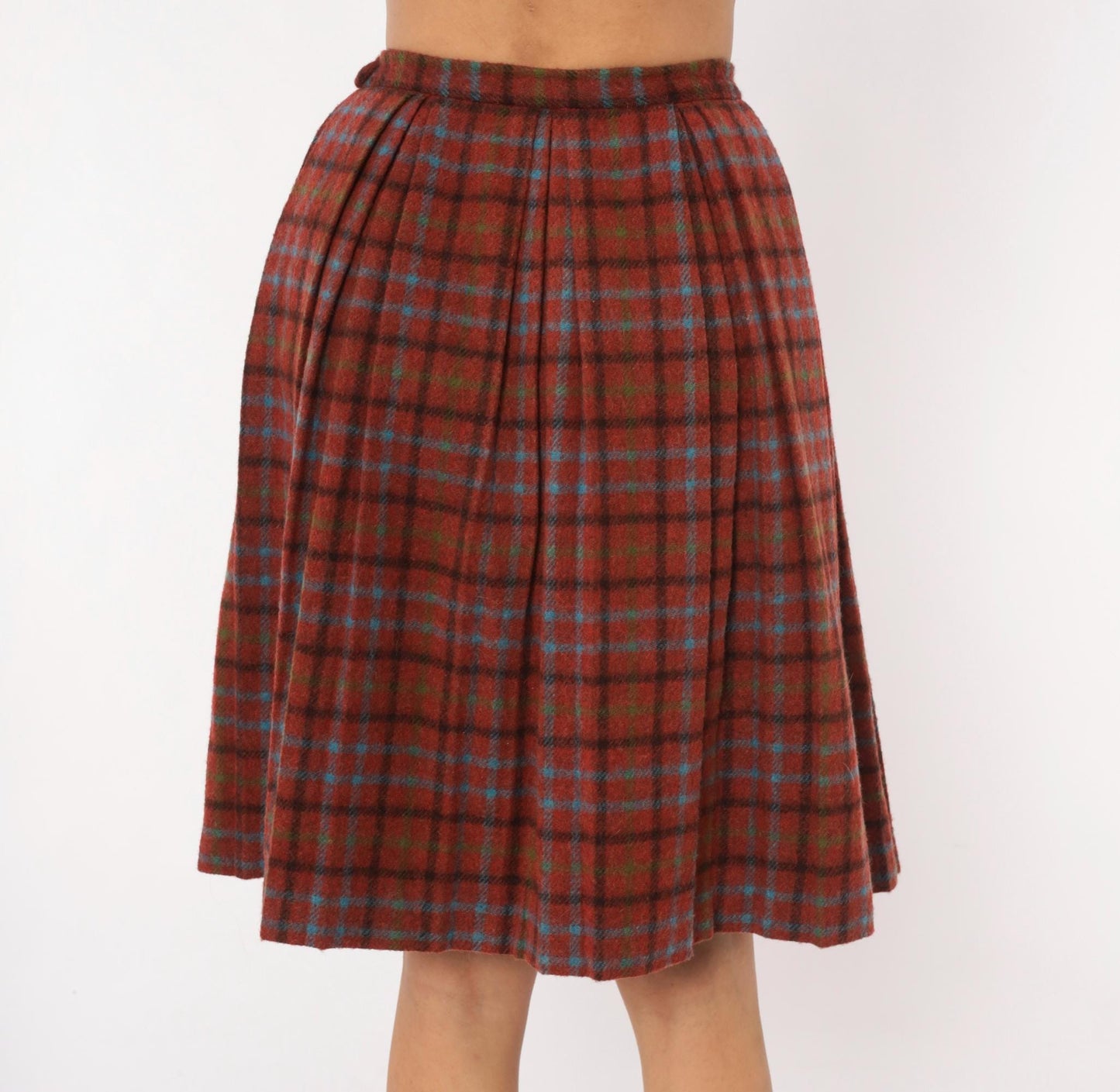 60s Mode O Day Wool Plaid Pleated Skirt Burgundy Tartan Knee-Length Extra Small XS