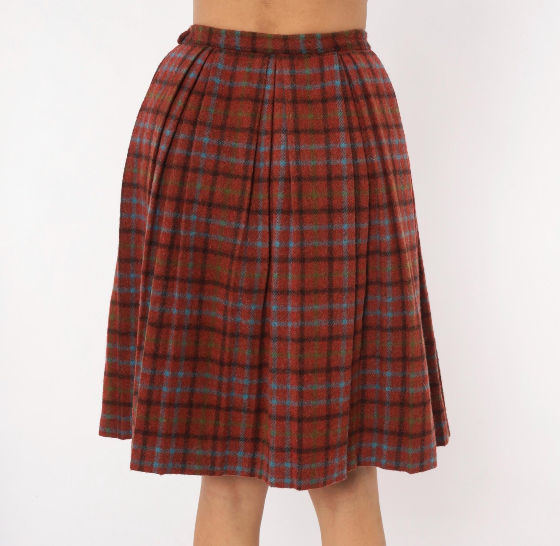 60s Mode O Day Wool Plaid Pleated Skirt Burgundy Tartan Knee-Length Extra Small XS
