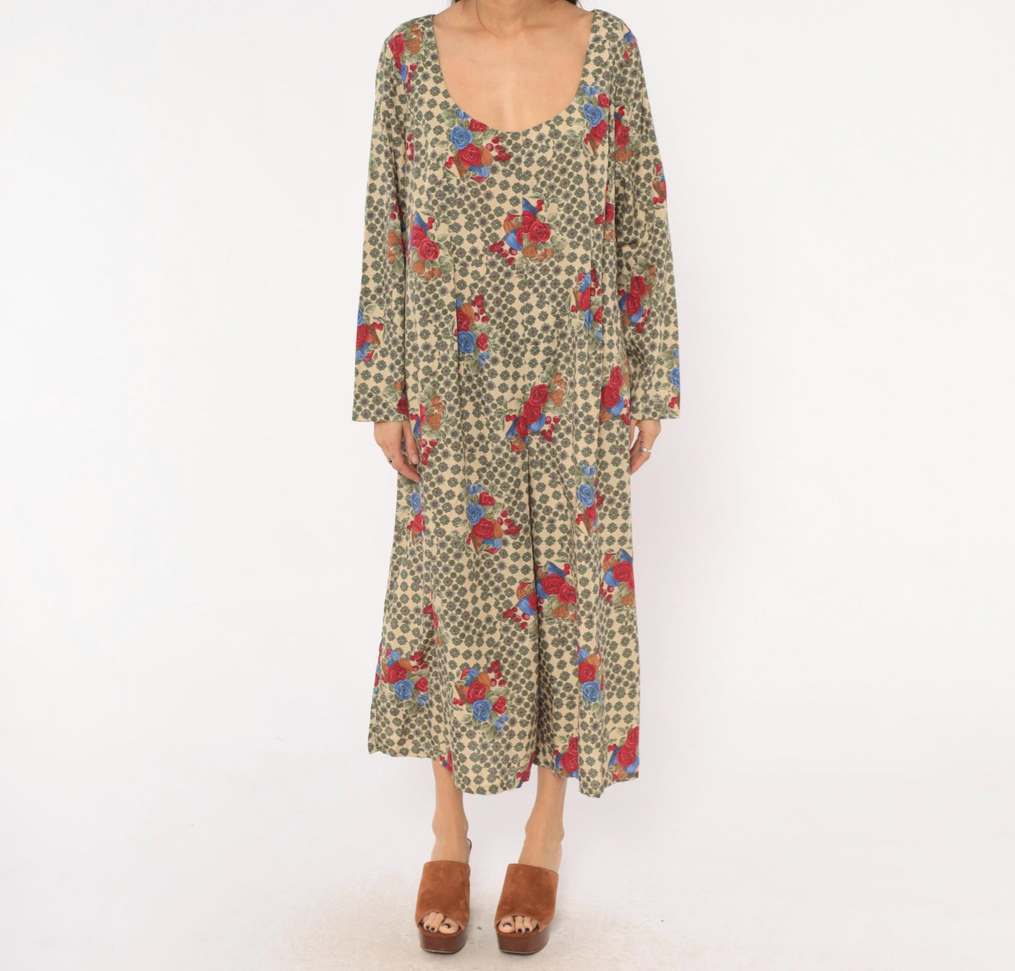 90s Floral Jumpsuit Cream Scoop Neck Long Sleeve Rose Medallion Print Large L