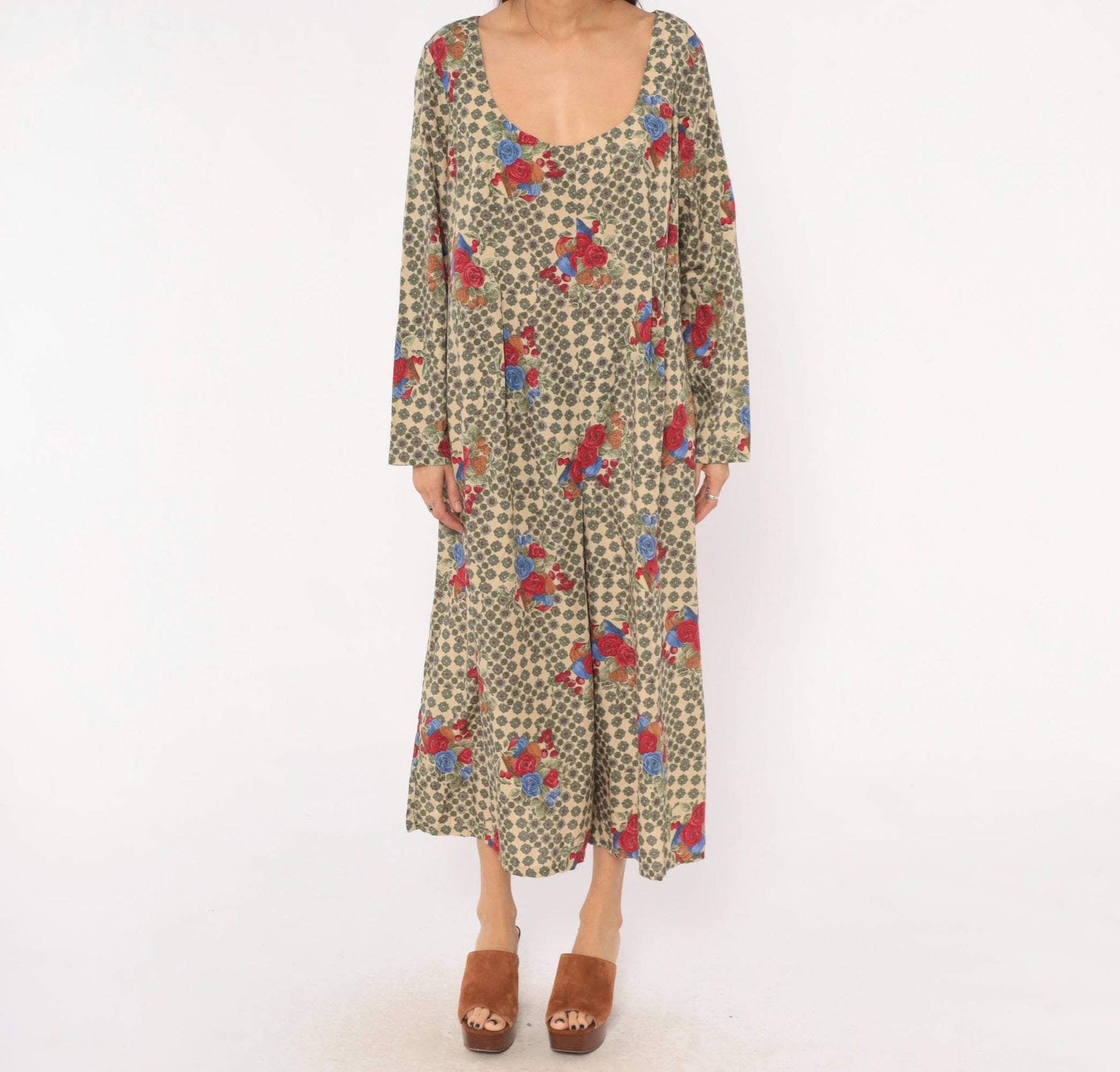90s Floral Jumpsuit Cream Scoop Neck Long Sleeve Rose Medallion Print Large L