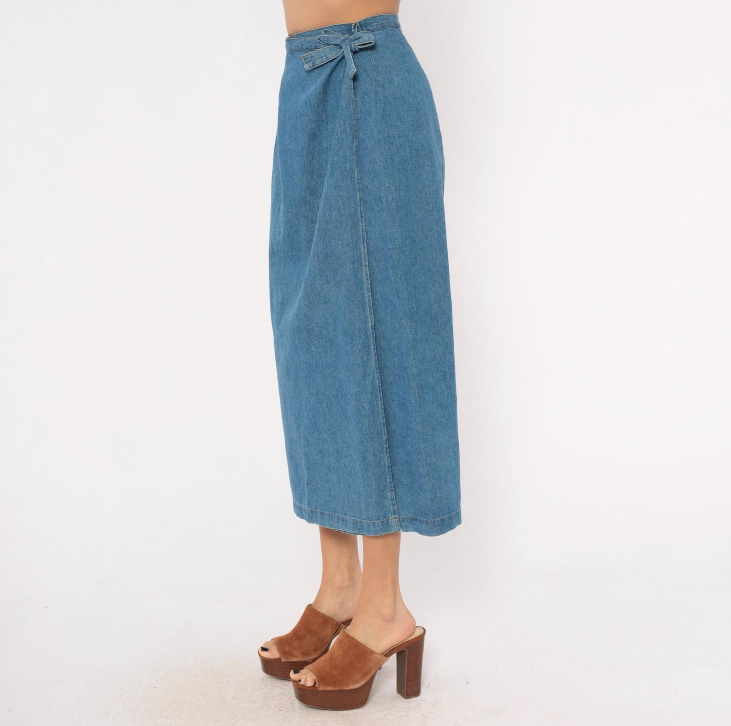 90s Founded 1989 Denim Wrap Skirt Midi Blue Chambray Cotton Extra Small